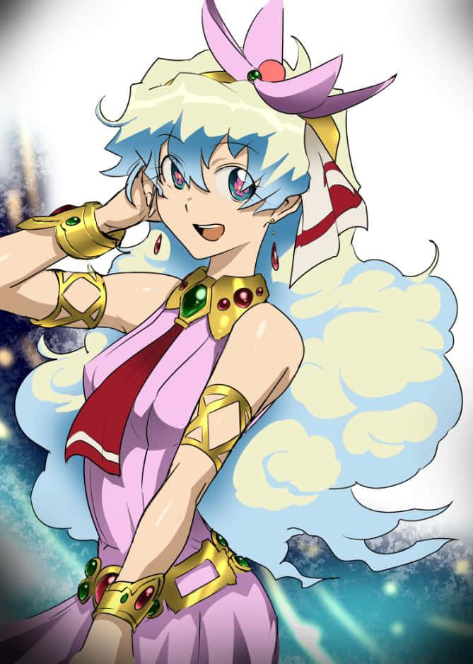 Nia Teppelin 桌布 壁紙 — 一位開心的動漫女孩，藍色頭髮，穿著粉紅色連衣裙，站在旋轉的雲朵中，佩戴著金色珠寶和蝴蝶狀的頭飾。