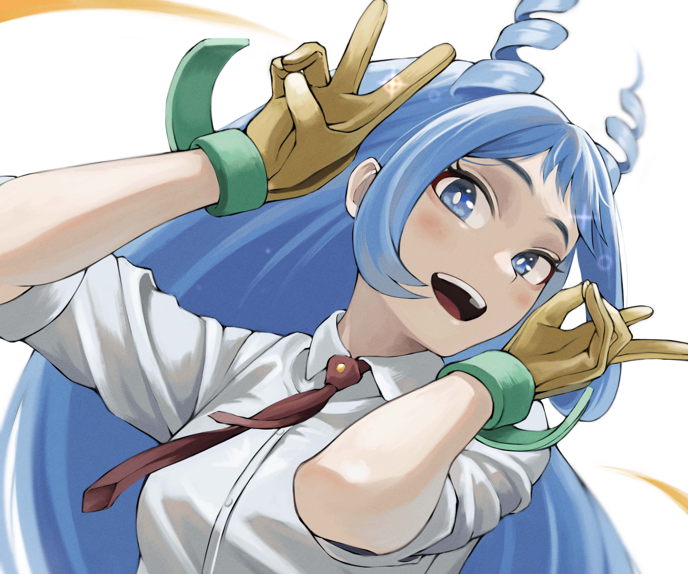 Nejire Hado 桌布 壁紙 — 一位開心的動漫女孩，藍色頭髮和金色手套，在明亮的白色背景前做出俏皮的手勢。