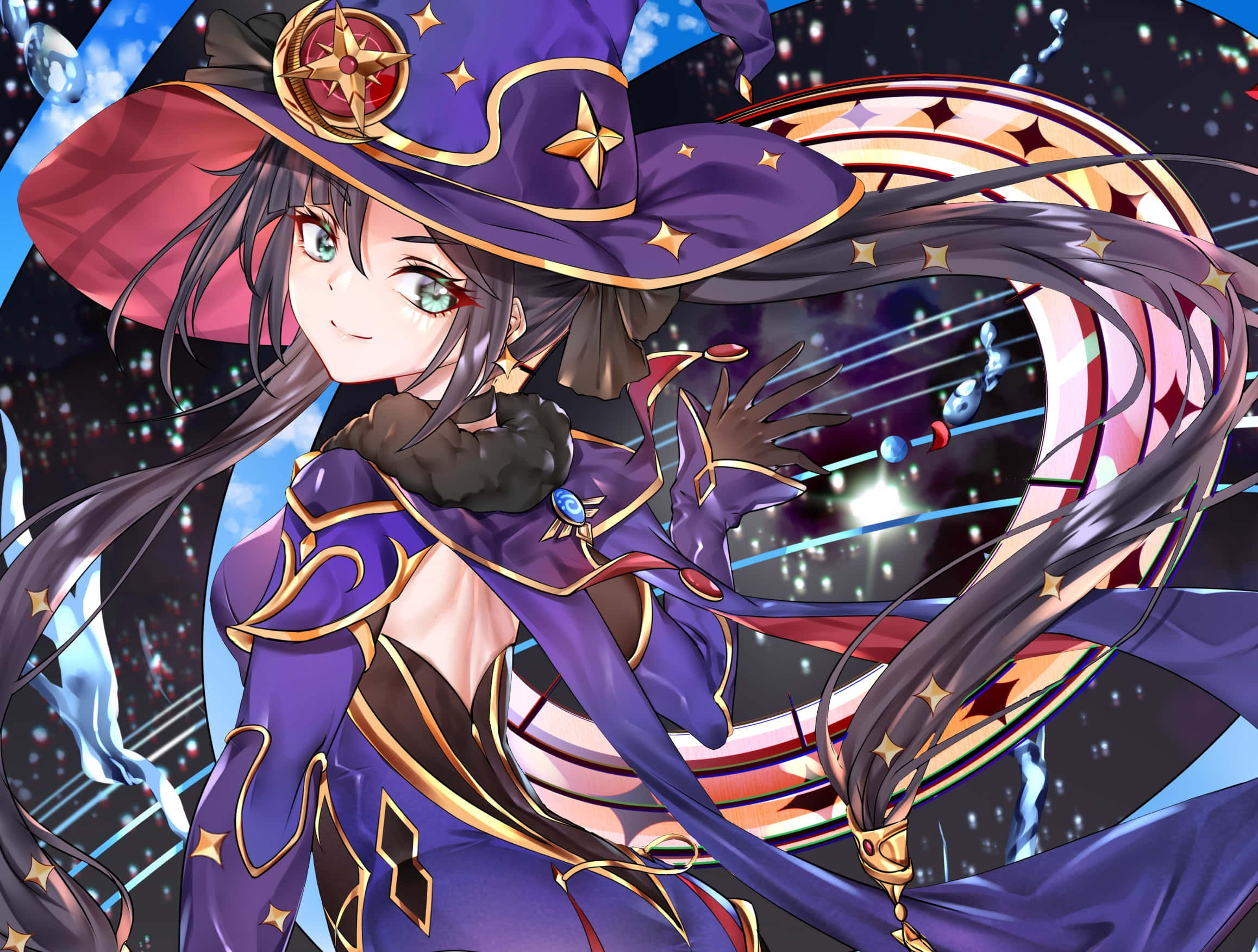 Genshin Impact Mona 桌布 壁紙 — 一位開心的動漫女巫，戴著紫色星星裝飾的帽子和斗篷，在宇宙星空背景下微笑施法。