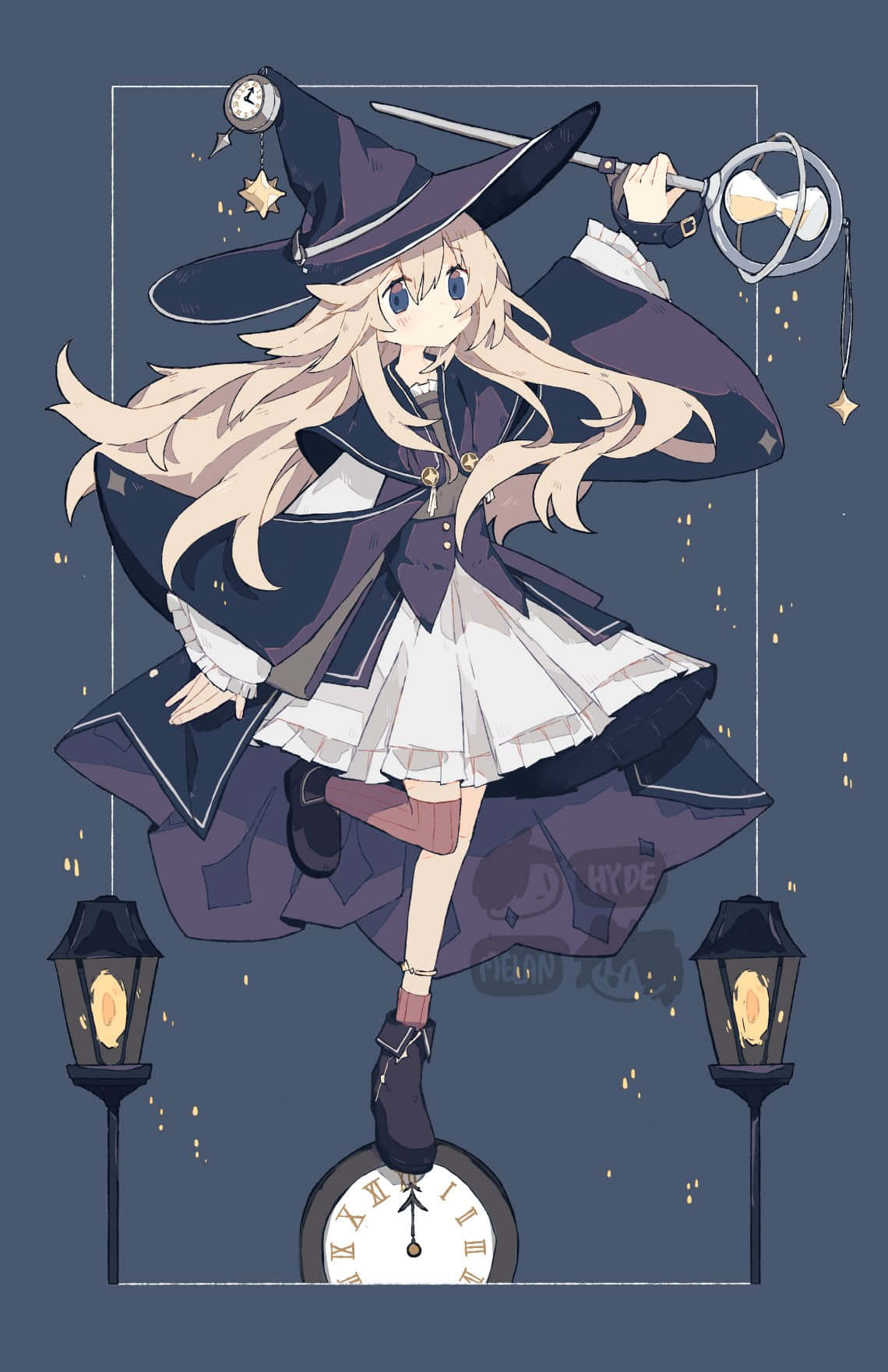 Witching Hour 桌布 壁紙 — 一位開心的動漫女巫，金髮，在時鐘上保持平衡，手持帶有擺錘的魔杖，周圍有星星漂浮。