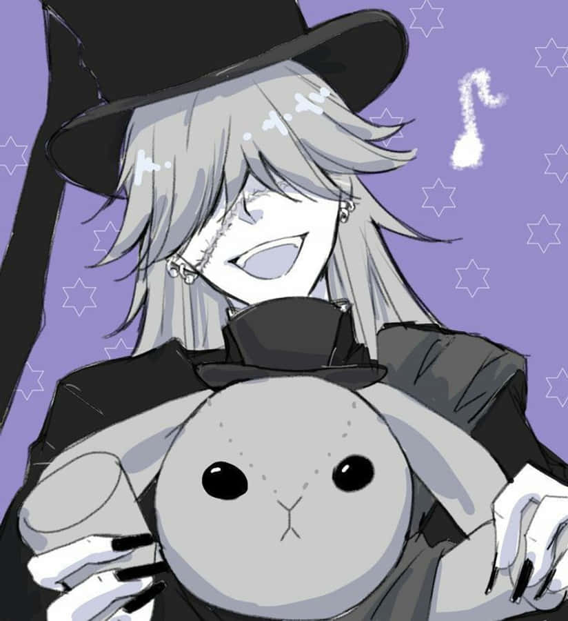 Black Butler Undertaker 桌布 壁紙 — 一位開心的動漫女巫，銀色頭髮，戴著黑色帽子，在紫色星空背景下抱著一隻毛絨兔子。