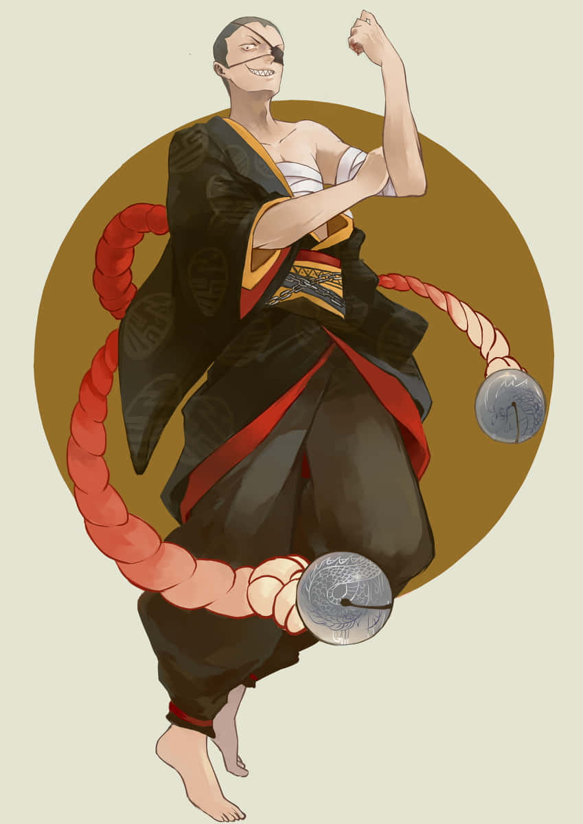 Tanaka Ryunosuke 桌布 壁紙 — 一位開心的動漫戰士穿著傳統長袍，在柔和的圓形背景前揮舞著帶有銀鈴的紅色繩索武器。