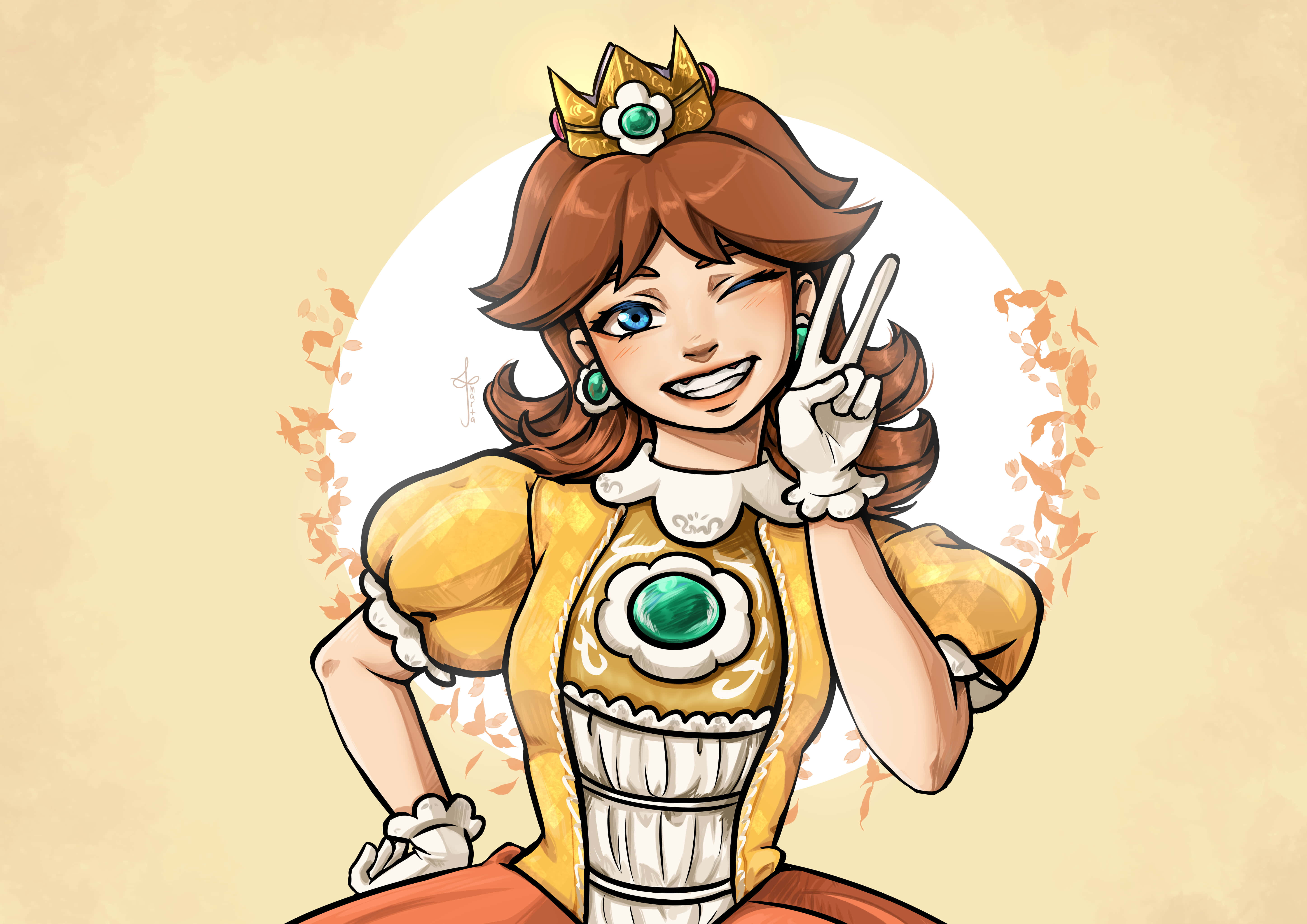 Princess Daisy 桌布 壁紙 — 一位開心的動畫公主，棕色頭髮藍色眼睛，穿著帶有綠色寶石的金色連衣裙，眨眼並做出和平手勢。