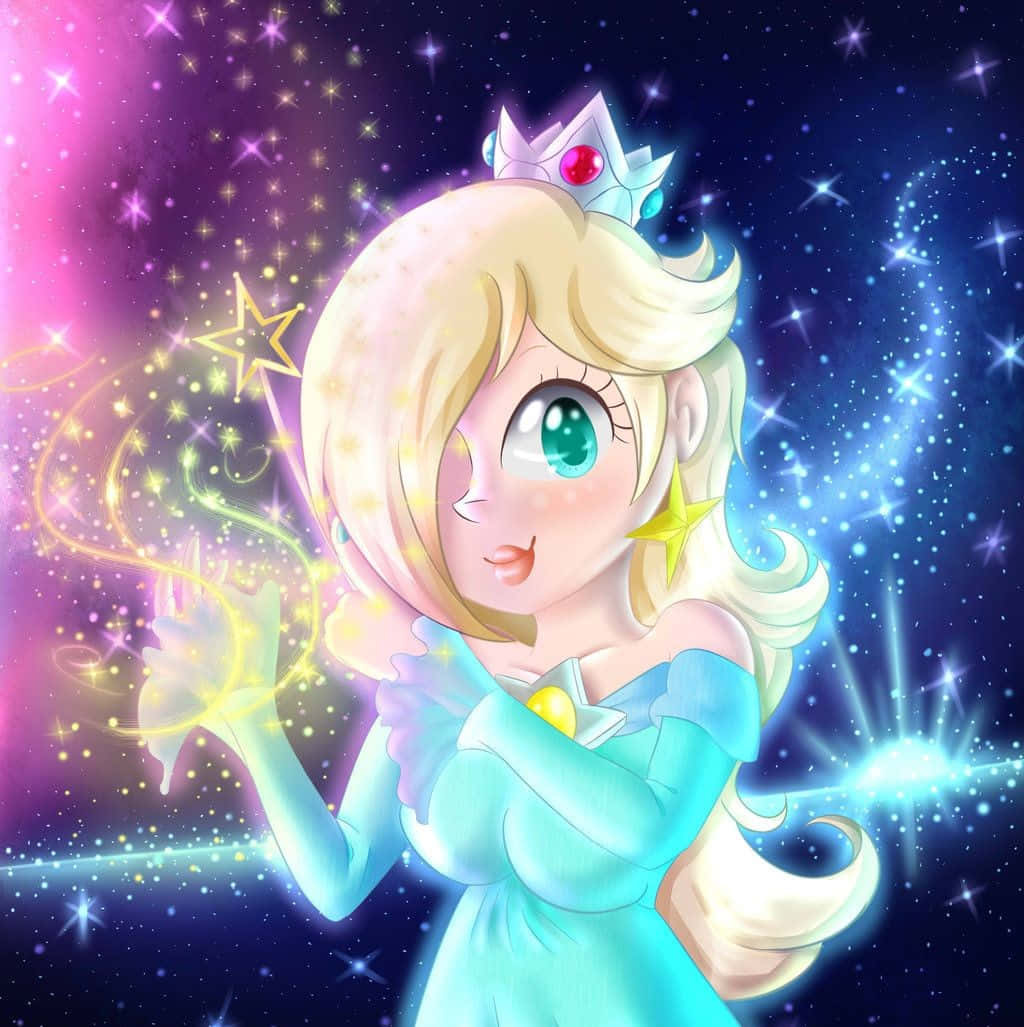 Princess Rosalina 桌布 壁紙 — 一位開心的動畫公主，金髮戴皇冠，在閃爍的宇宙背景下揮舞著發光的星星魔杖。