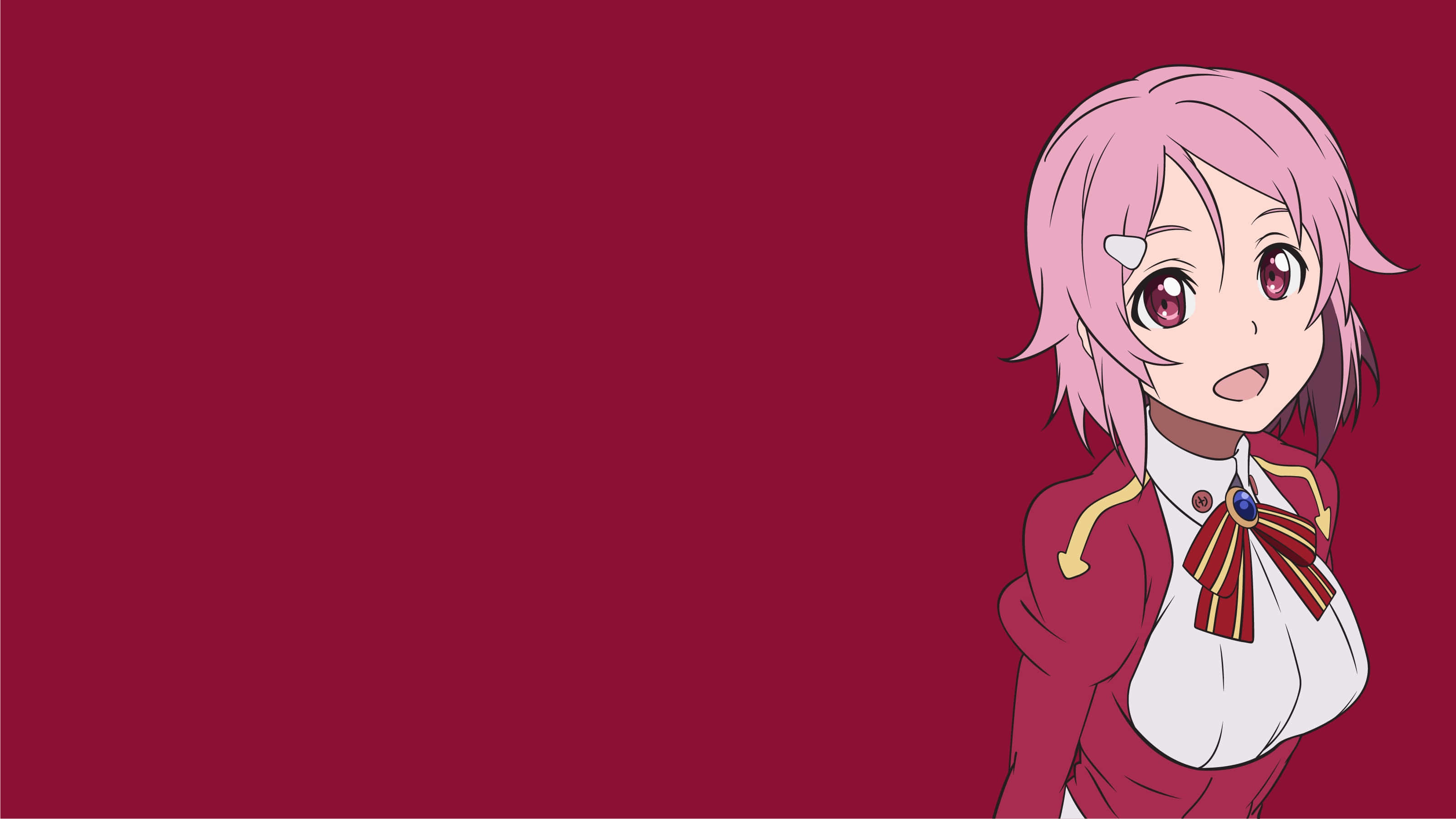 Sword Art Online Lisbeth 桌布 壁紙 — 一位開心的動畫女孩，粉紅色頭髮和紅色眼睛，在純深紅色背景上微笑。