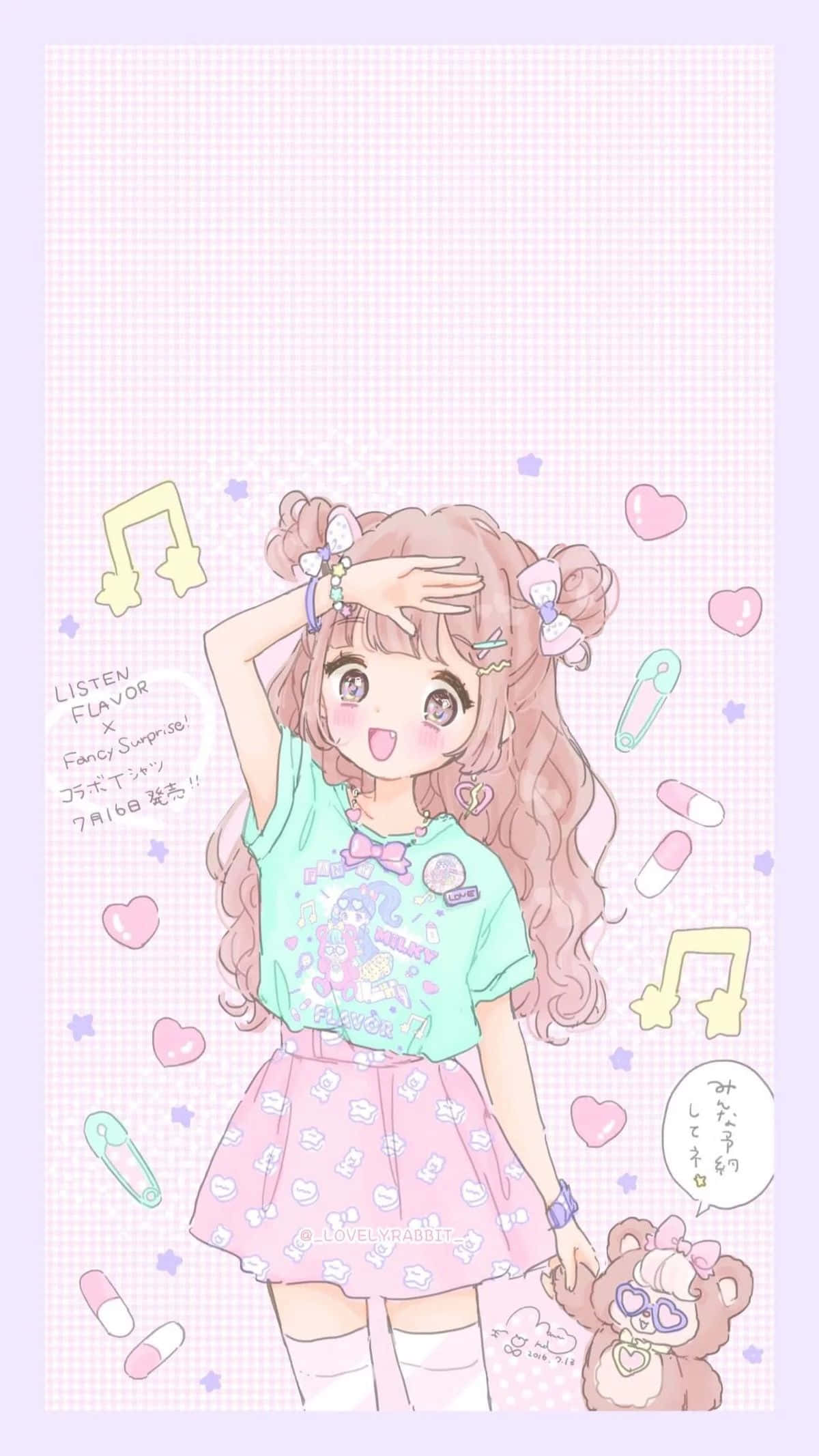可愛糖果色調 桌布 壁紙 — 一位開心的動畫女孩，粉紅色頭髮和可愛服裝，在粉彩格仔背景前抱著泰迪熊微笑。