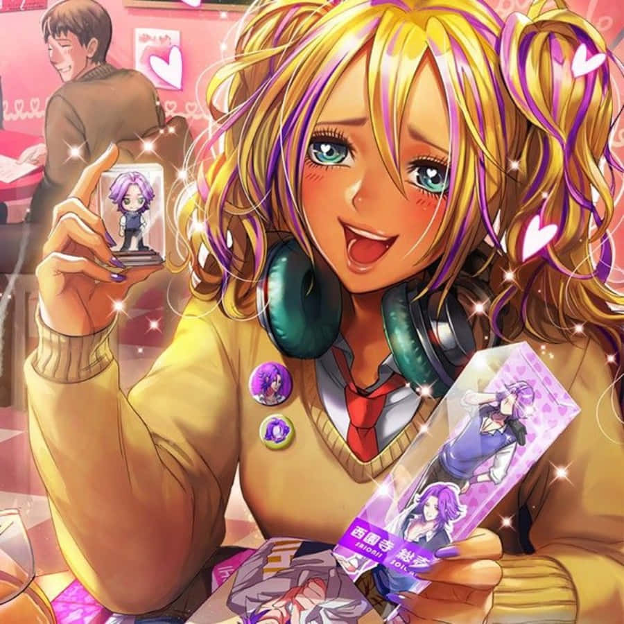 Gyaru 桌布 壁紙 — 一位開心的動畫女孩，金髮和紫髮，在閃亮的粉紅色房間裡拿著動畫商品。