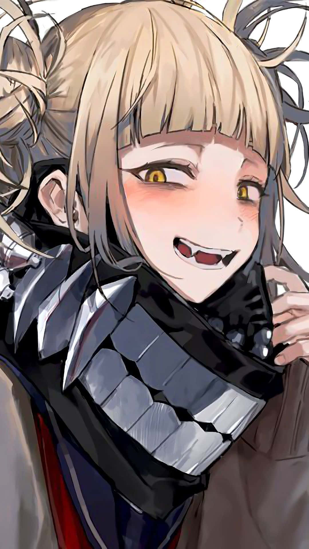 Toga 桌布 壁紙 — 一位開心的動畫女孩，金髮黃眼，戴著精細的裝甲領微笑。