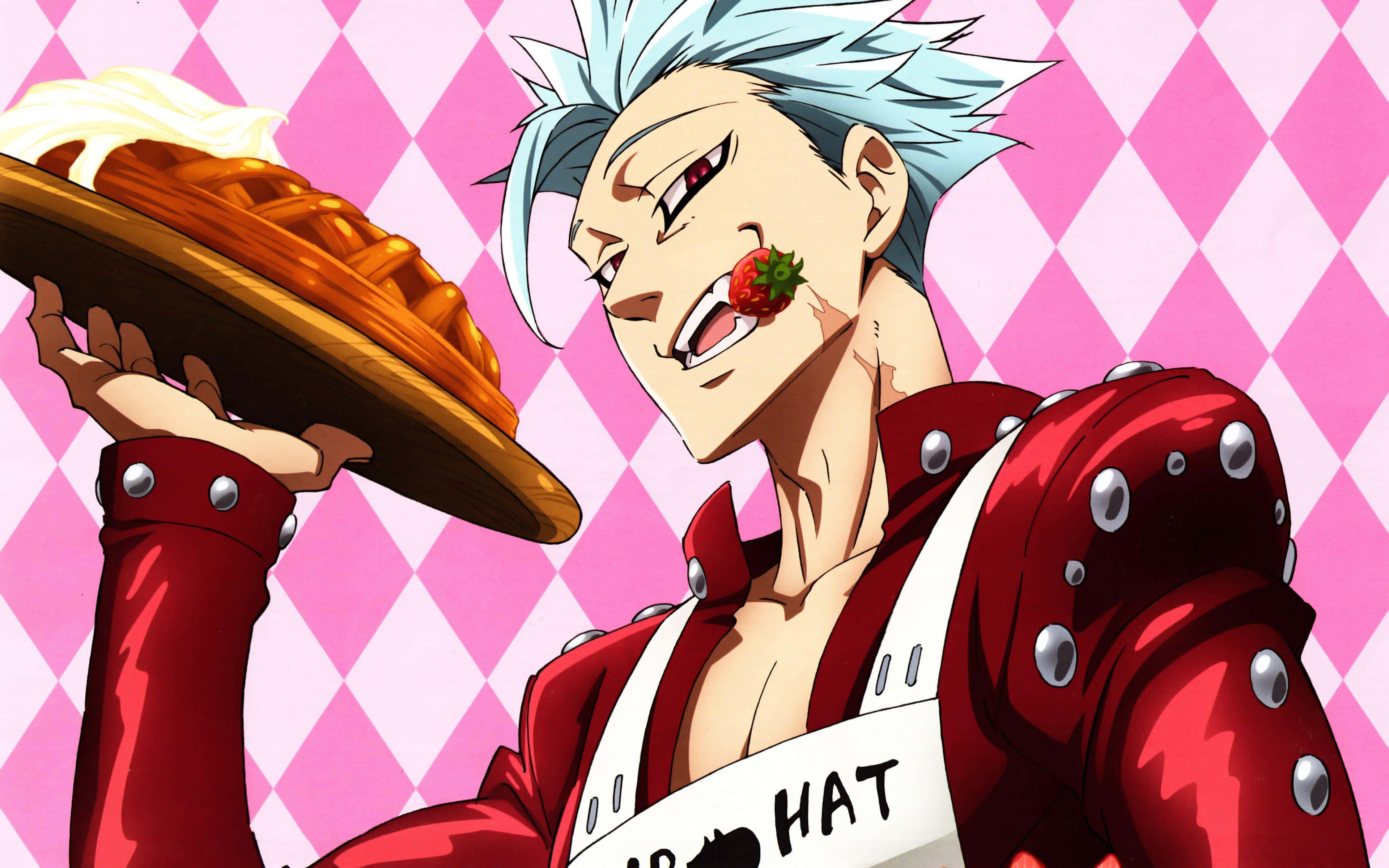 Seven Deadly Sins Ban 桌布 壁紙 — 一位開心的動畫廚師，有著尖刺的藍色頭髮，在粉紅色鑽石背景前拿著一個頂部有忌廉的金色窩夫。