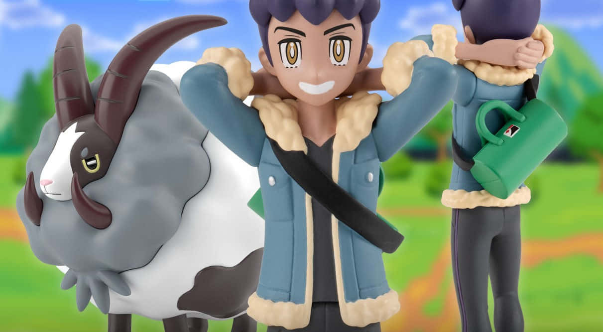 Pokemon 桌布 壁紙 — 一位開心的動畫訓練師在晴朗的藍天下，於充滿活力的草地上擁抱一隻大型有角寶可夢。