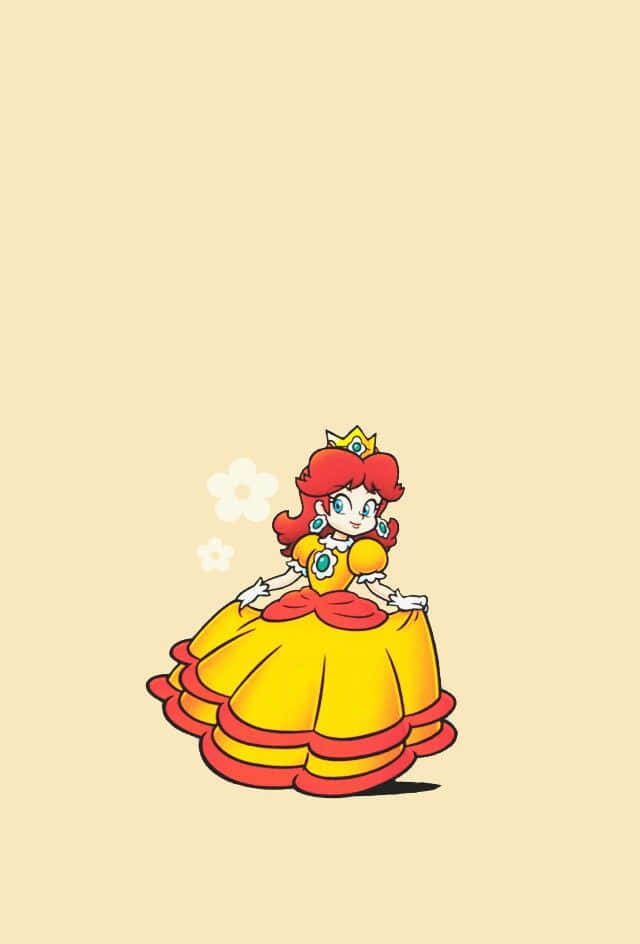 Princess Daisy 桌布 壁紙 — 一位開心的卡通公主，紅髮黃裙，優雅地坐在柔軟的米色背景前。