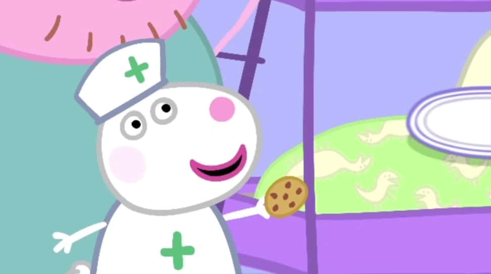 Suzy Sheep 桌布 壁紙 — 一位開心的卡通護士戴著綠色十字帽，在兒童床邊拿著一塊巧克力曲奇。