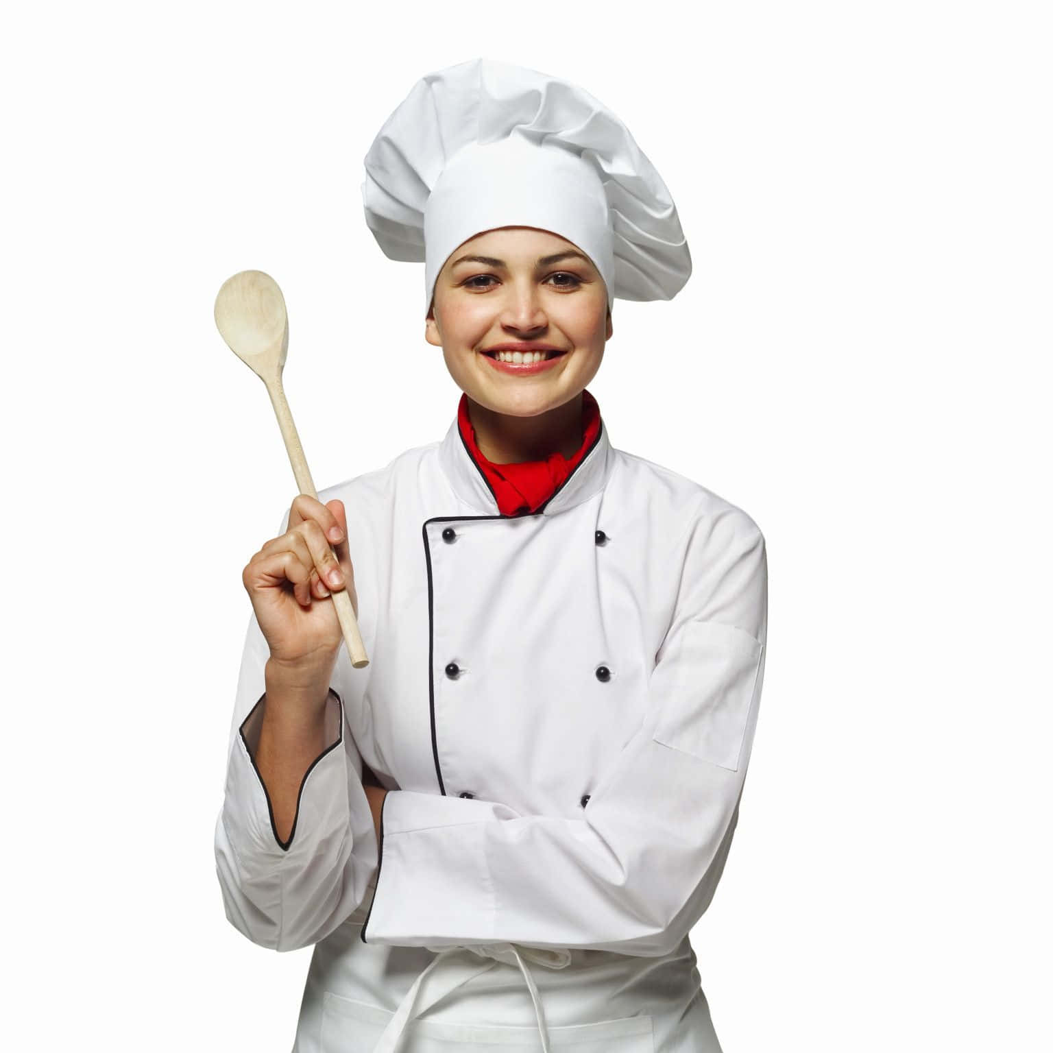 Cooking 桌布 壁紙 — 一位開心的女廚師穿著白色制服和高帽，在純白背景前微笑著拿著木勺。