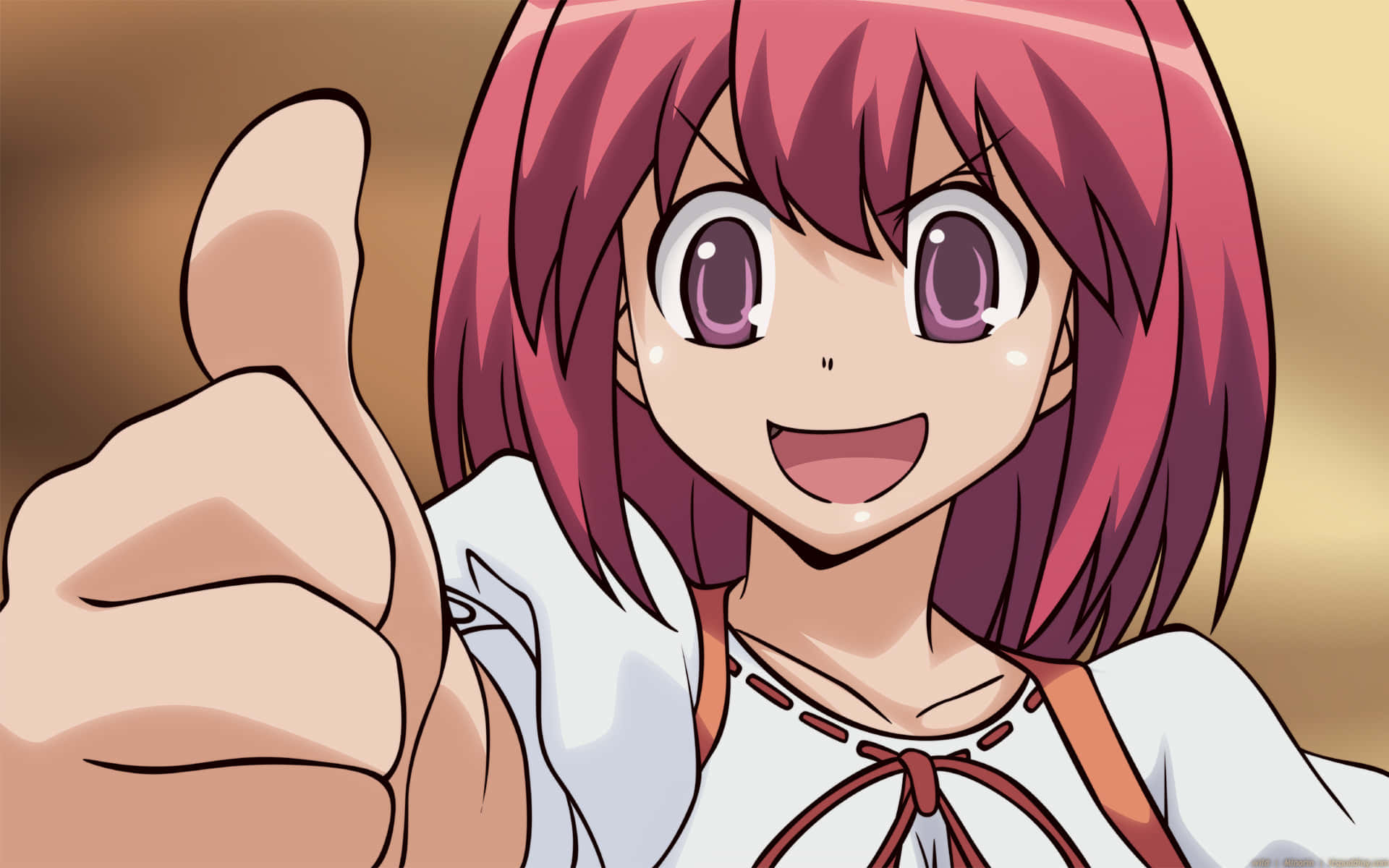 Minori Kushieda 桌布 壁紙 — 一位開心的粉紅色頭髮動漫女孩，帶著燦爛笑容和閃閃發光的眼睛豎起大拇指。