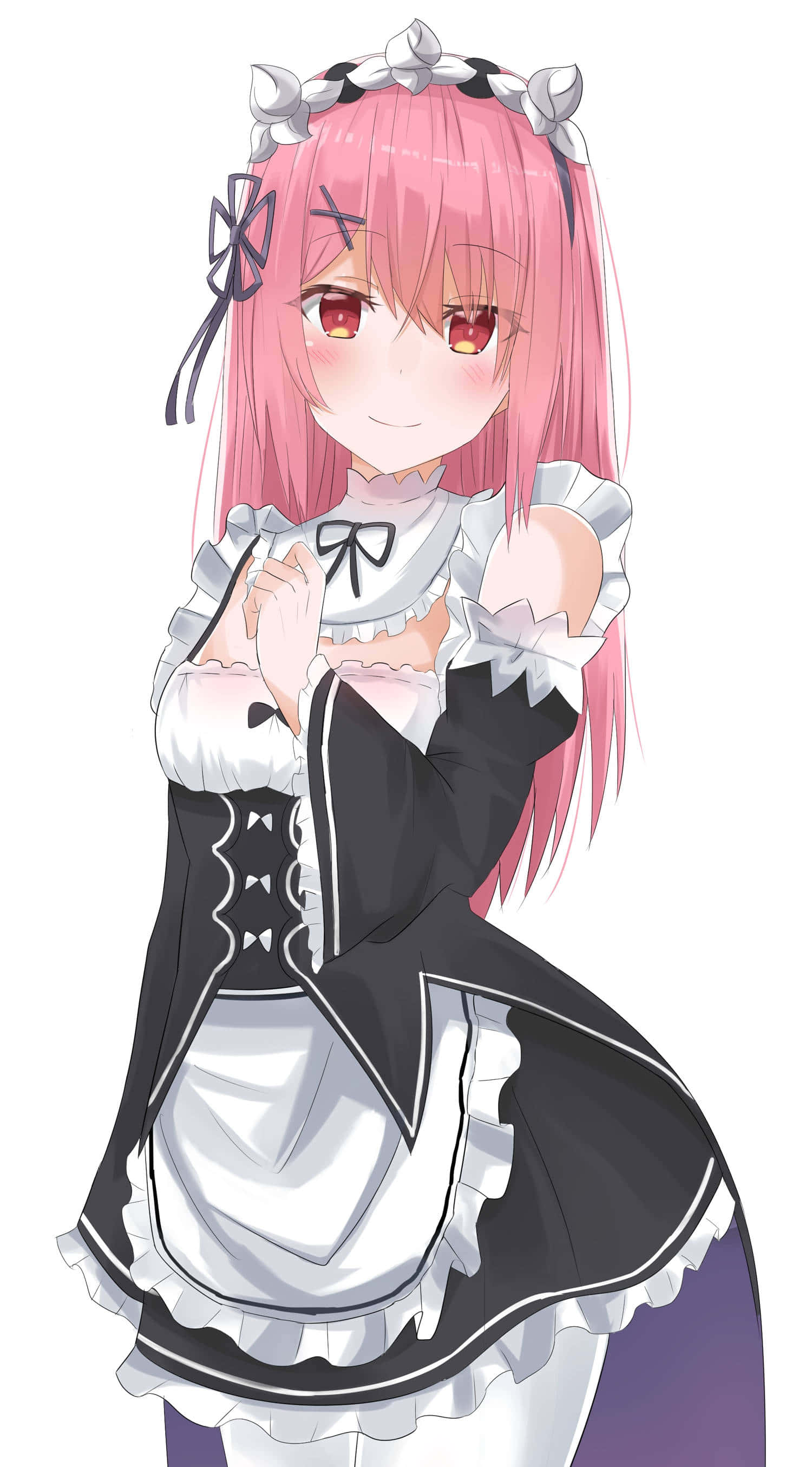 Re Zero Ram 桌布 壁紙 — 一位開心的粉紅色頭髮動漫女孩，穿著黑白女僕裝，帶有蝴蝶結和荷葉邊，在純白色背景上溫柔地微笑。