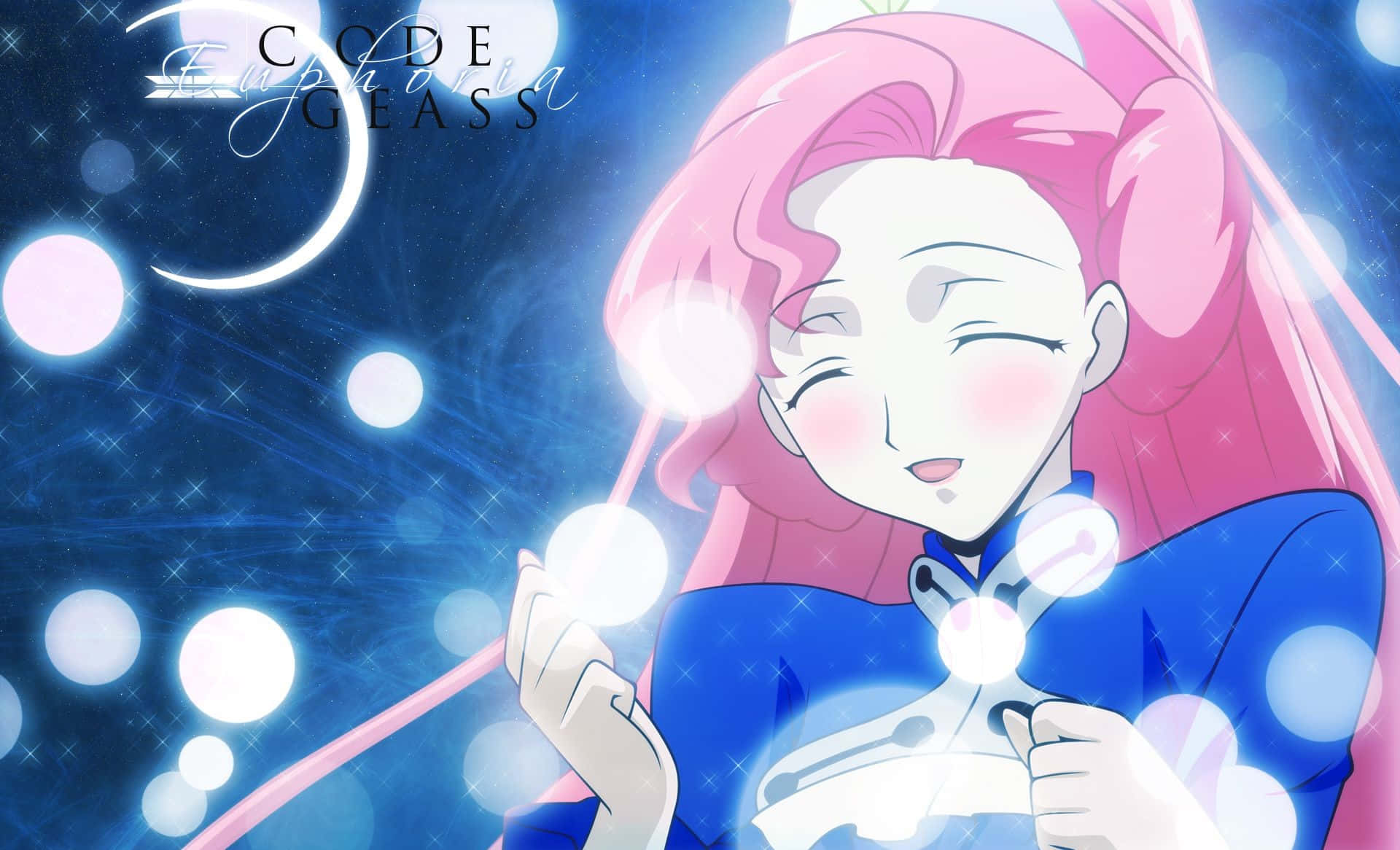 Euphemia Li Britannia 桌布 壁紙 — 一位開心的粉紅色頭髮動漫女孩，穿著藍色服裝，微笑著在閃爍的星空下握著發光球體。