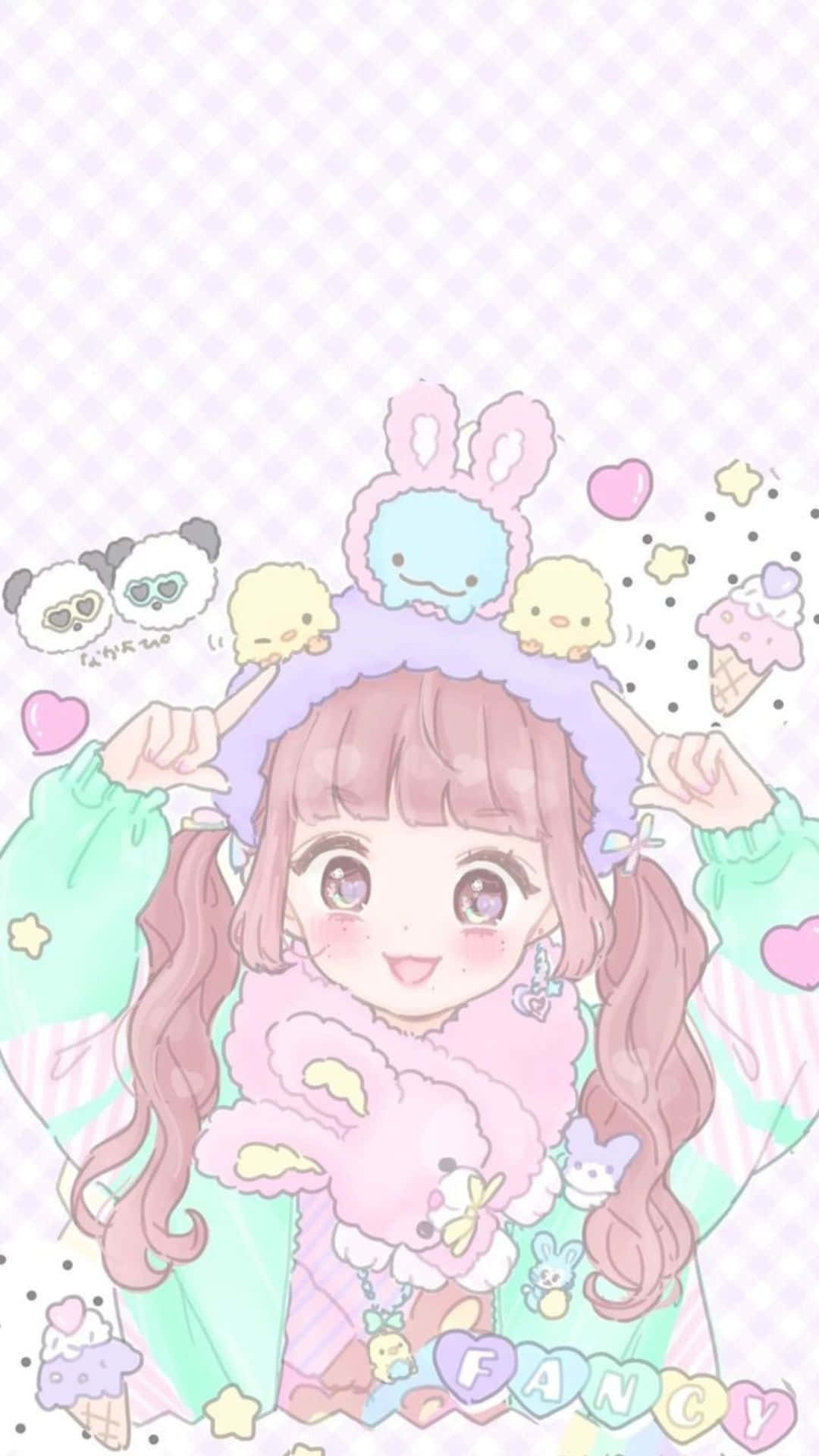 Kawaii Art 桌布 壁紙 — 一位開心的粉紅髮動漫女孩，在粉彩格仔背景上戴著一個由可愛角色組成的毛絨皇冠。
