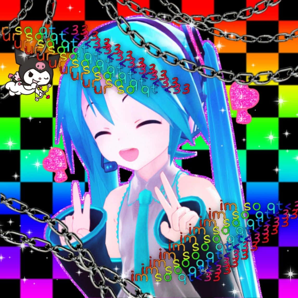 Glitchcore 桌布 壁紙 — 一位開心的藍髮動漫女孩微笑並比出和平手勢，背景是充滿活力的格紋圖案，帶有鏈條和閃亮文字。