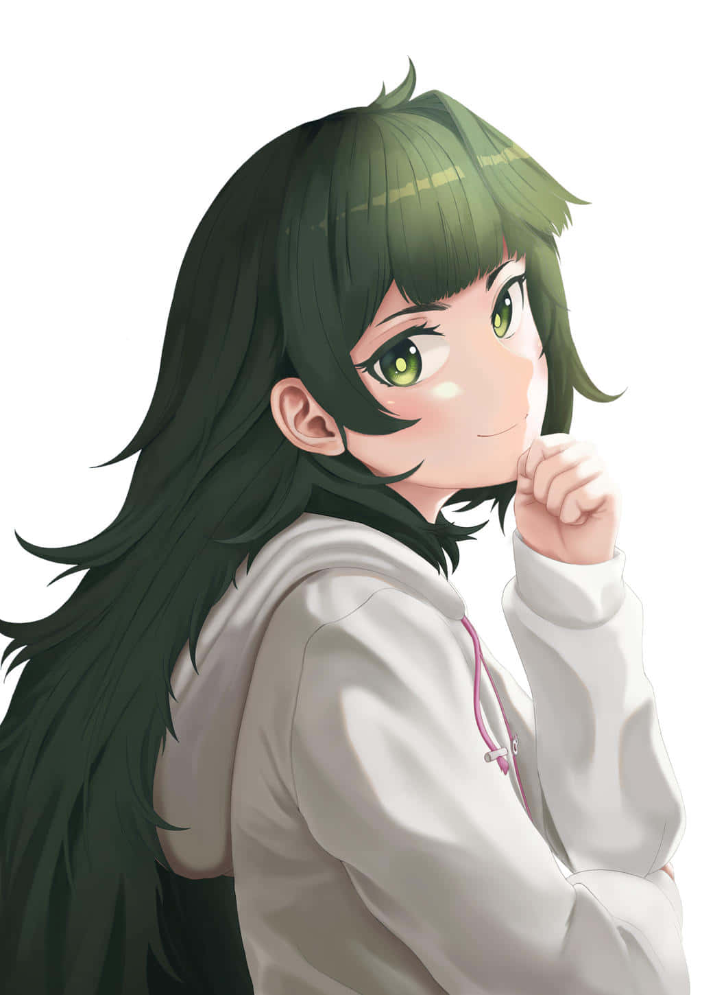 Maho Hiyajo 桌布 壁紙 — 一位開朗的動漫女孩，擁有深綠色長髮和明亮的綠色眼睛，穿著白色連帽衫，在純白色背景前微笑。
