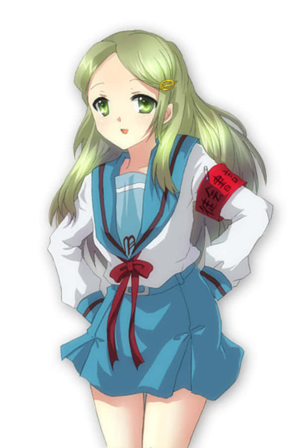 Emiri Kimidori 桌布 壁紙 — 一位開朗的動漫女孩，擁有綠色頭髮和眼睛，穿著帶有紅色點綴和紅色臂章的藍色水手服。