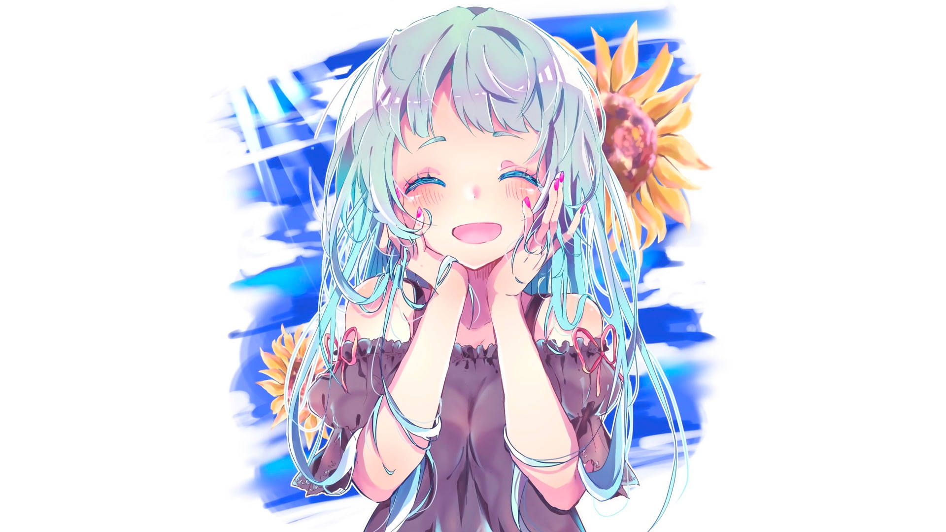smiling 桌布 壁紙 — 一位開朗的動漫女孩，擁有藍綠色頭髮和向日葵，在充滿活力的藍色背景下燦爛微笑。