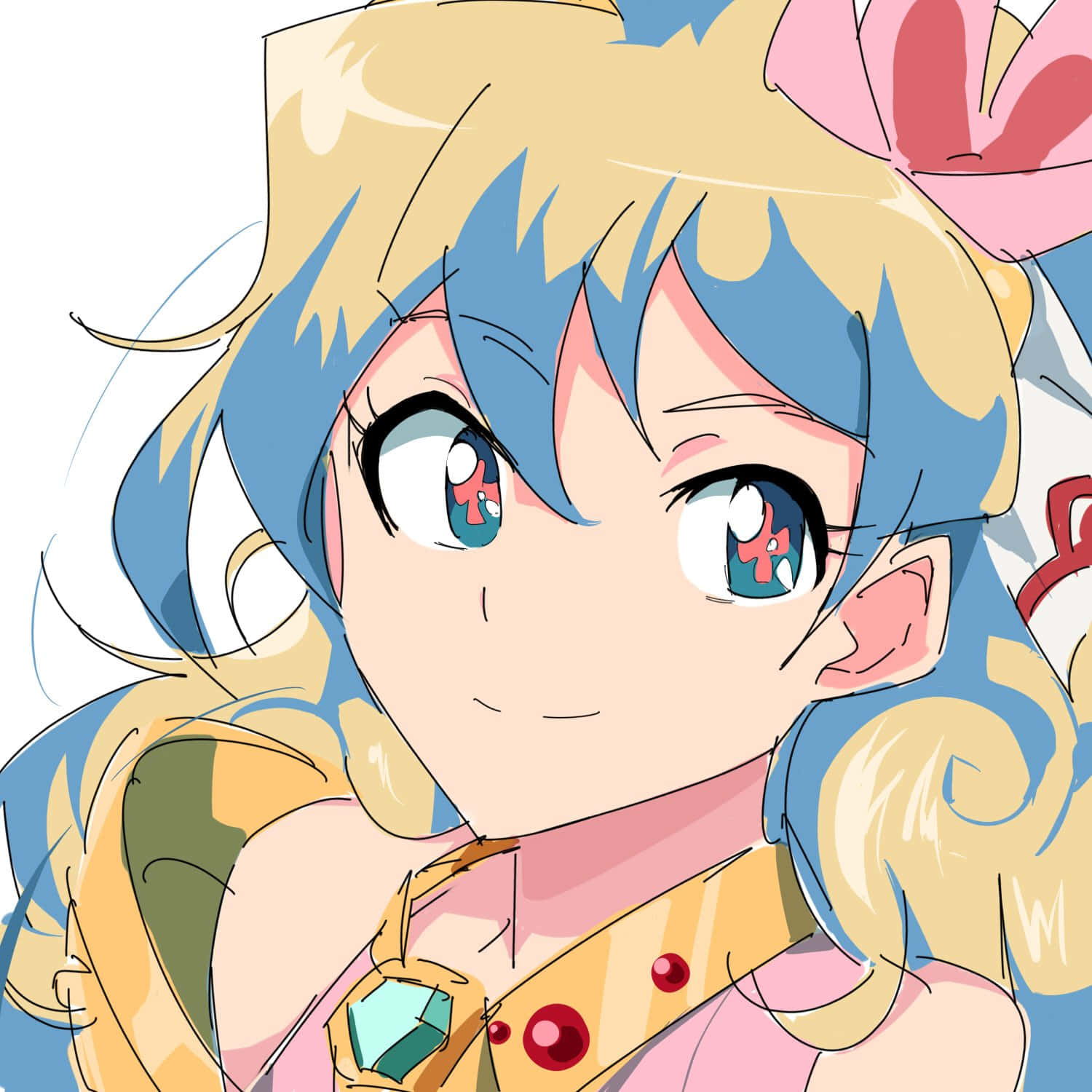 Nia Teppelin 桌布 壁紙 — 一位開朗的動漫女孩，擁有藍色和金色頭髮，戴著粉紅色蝴蝶結，溫暖地對著觀眾微笑。