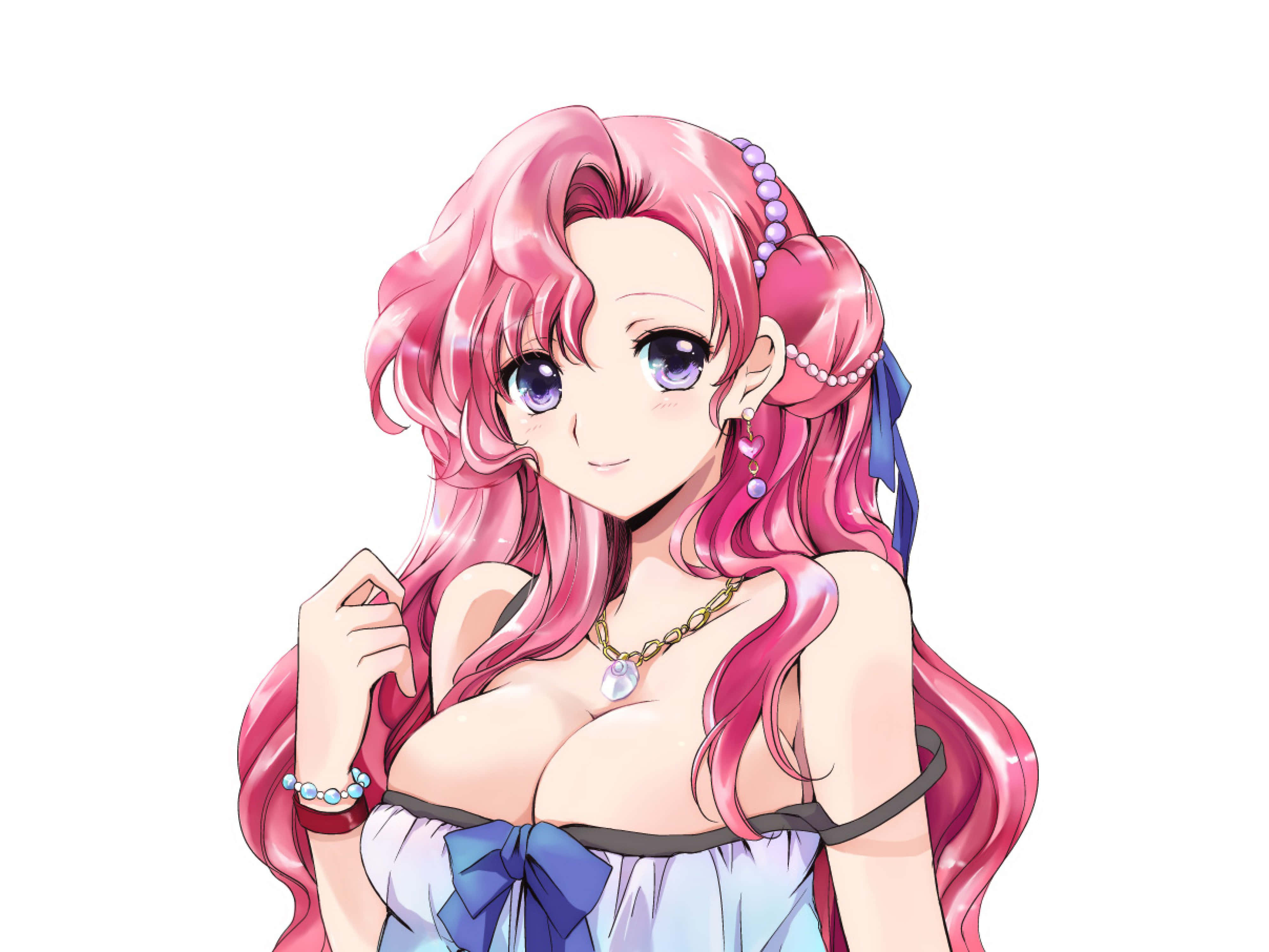 Euphemia Li Britannia 桌布 壁紙 — 一位開朗的動漫女孩，擁有長長的粉紅色頭髮和紫色眼睛，穿著藍色蝴蝶結連衣裙和珍珠飾品微笑。