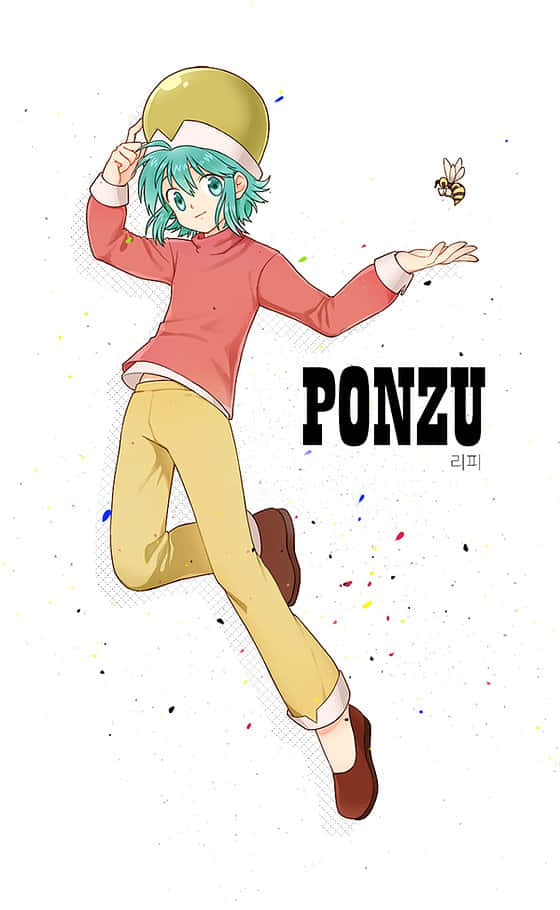 Hunter X Hunter Ponzu 桌布 壁紙 — 一位開朗的動漫女孩，擁有青色頭髮和黃色頭盔，在空中跳躍，伸手抓向一隻蜜蜂，背景是白色圓點。