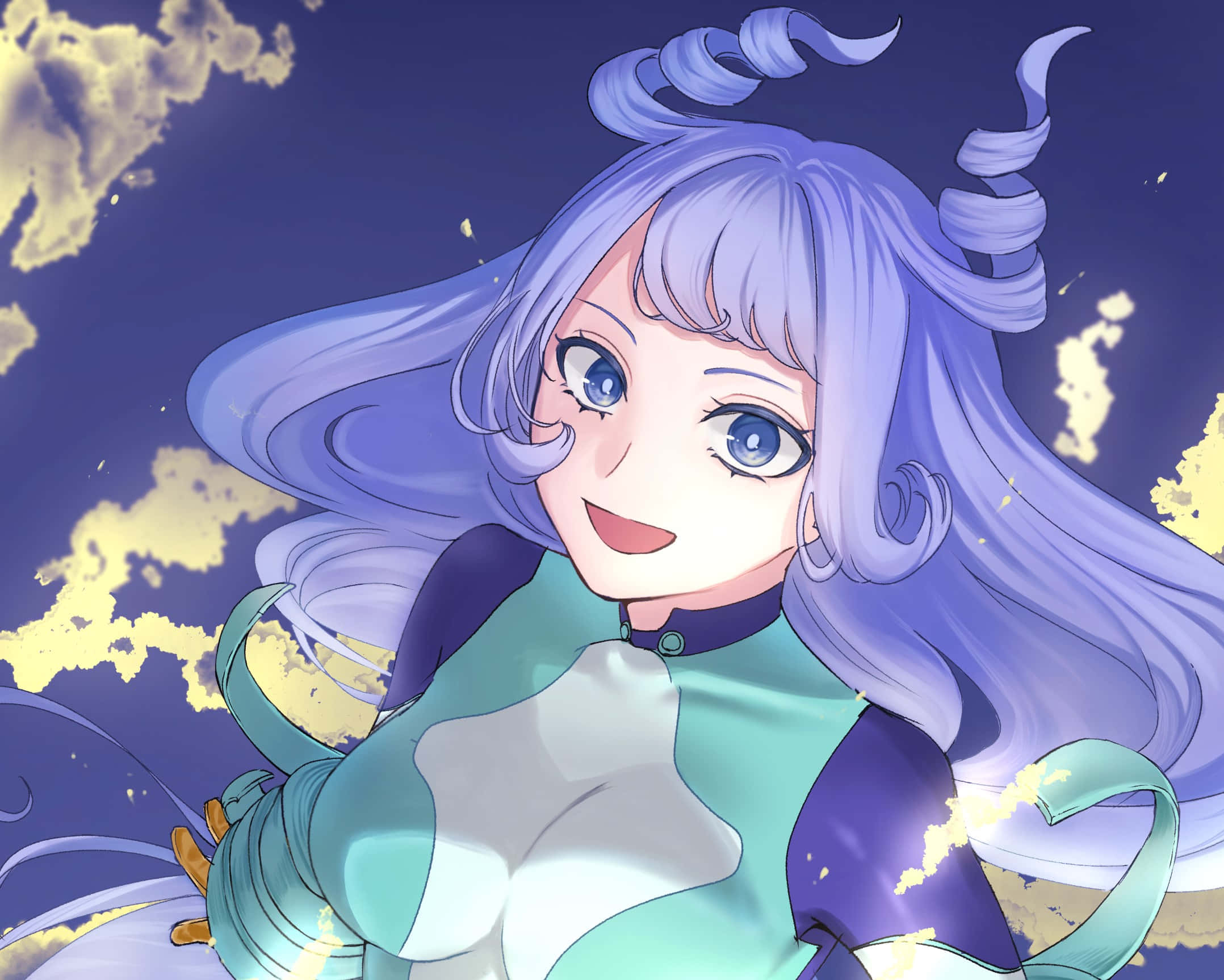 Nejire Hado 桌布 壁紙 — 一位開朗的動漫女孩，擁有飄逸的薰衣草色頭髮和藍色眼睛，在帶有金色雲朵的暮色天空中微笑。