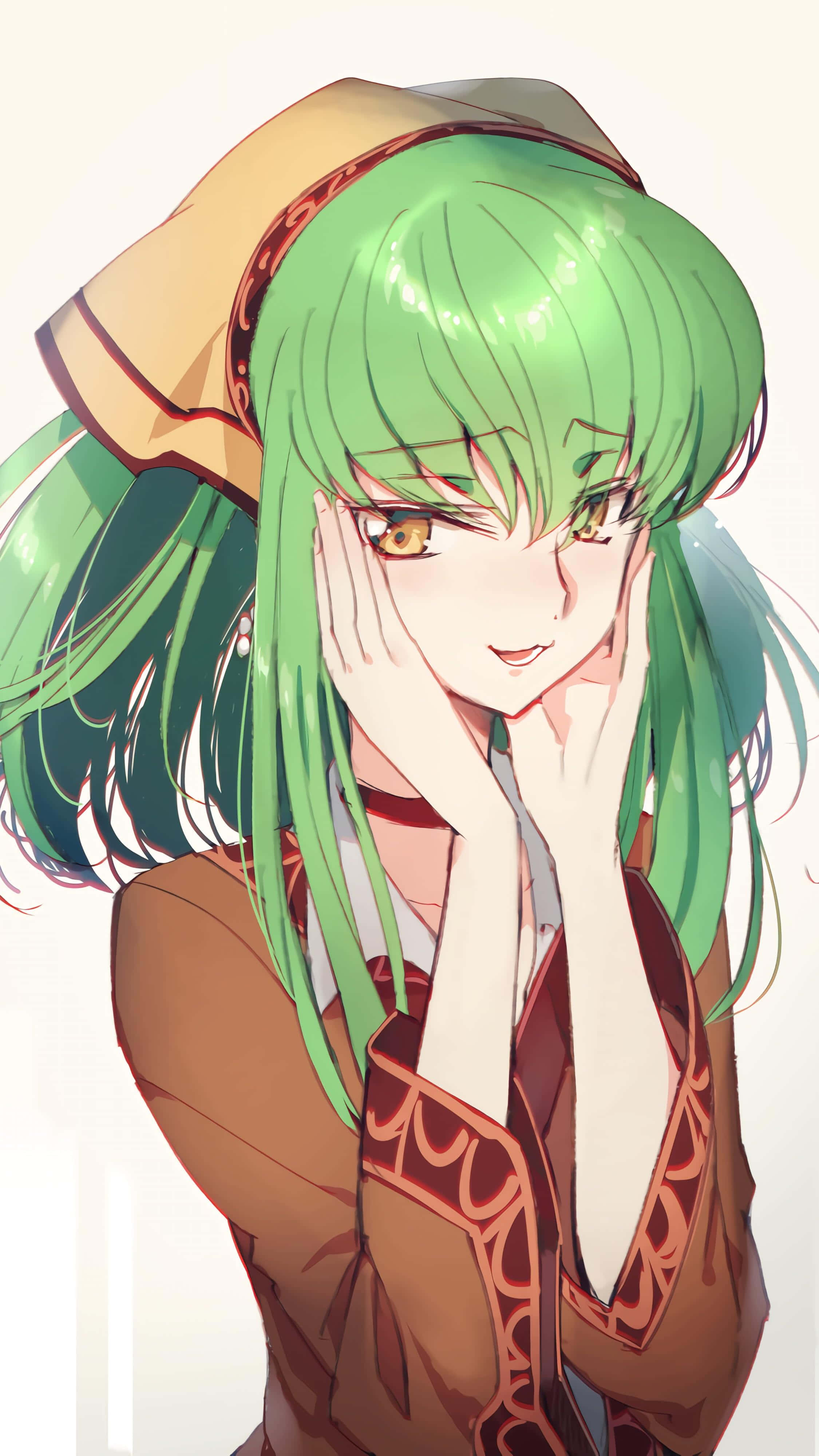 Code Geass C.c. 桌布 壁紙 — 一位開朗的動漫女孩，擁有鮮豔的綠髮和金黃色的眼睛，微笑著將下巴靠在手上。