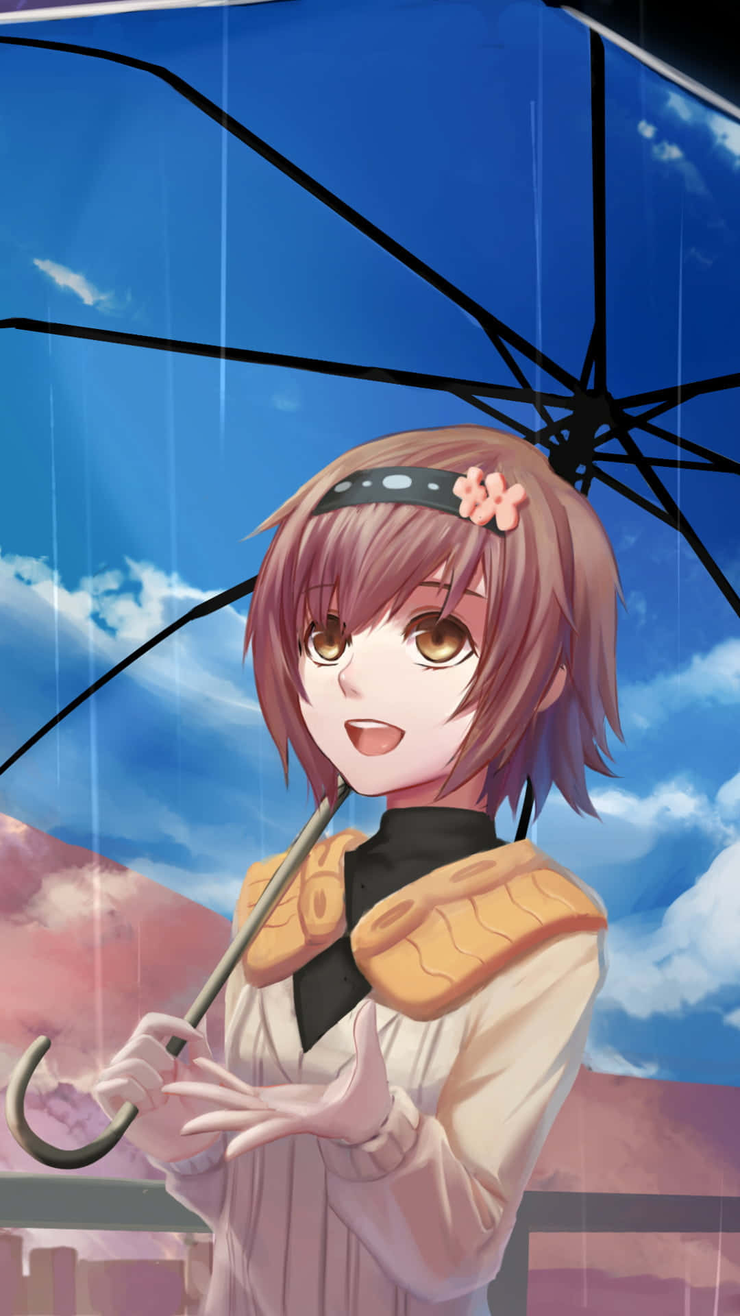 Hinami Fueguchi 桌布 壁紙 — 一位開朗的動漫女孩，棕色頭髮，戴著花朵頭帶，在藍天白雲和細雨中撐著黑色雨傘微笑。