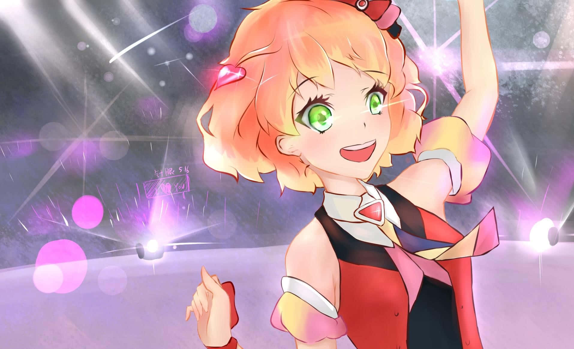 Macross Delta 桌布 壁紙 — 一位開朗的動漫女孩，橙色頭髮和綠色眼睛，在充滿活力的紫色場景中，在閃爍的舞台燈光下跳舞。