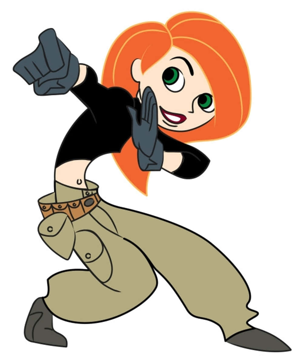 kim possible 桌布 壁紙 — 一位開朗的動漫女孩，橙色頭髮和綠色眼睛，戴著黑色手套和卡其色褲子，擺出動態的武術姿勢。