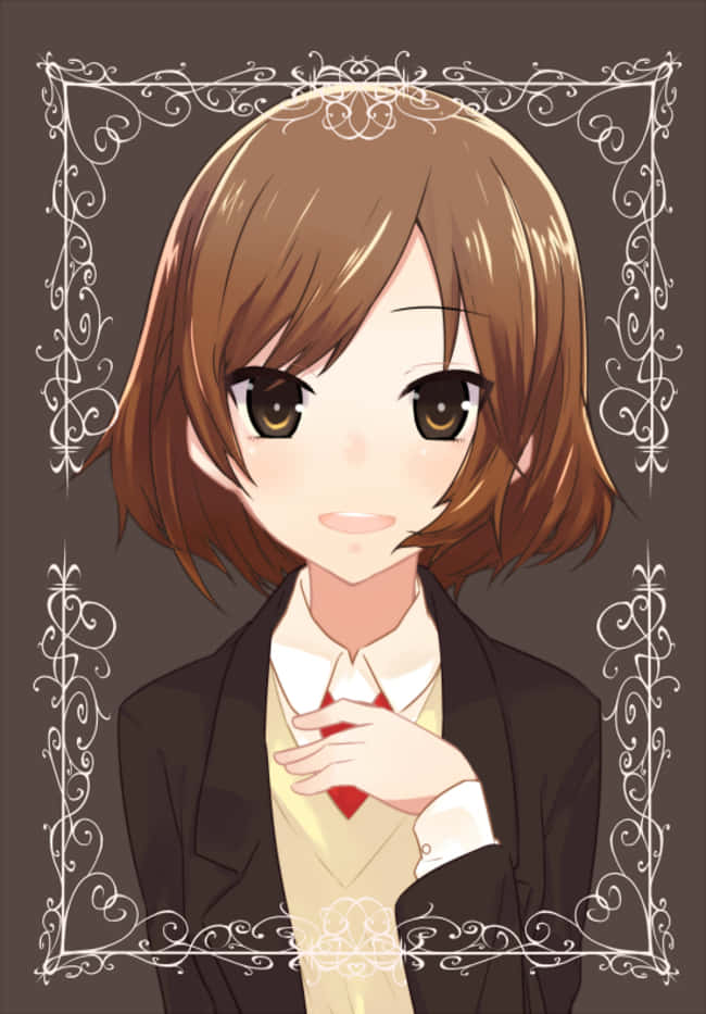 Haruhi Sasaki 桌布 壁紙 — 一位開朗的動漫女孩，留著棕色波波頭，眼神溫暖，在深色背景襯托下，被華麗的白色漩渦環繞，她輕輕微笑，一邊調整紅色領帶。