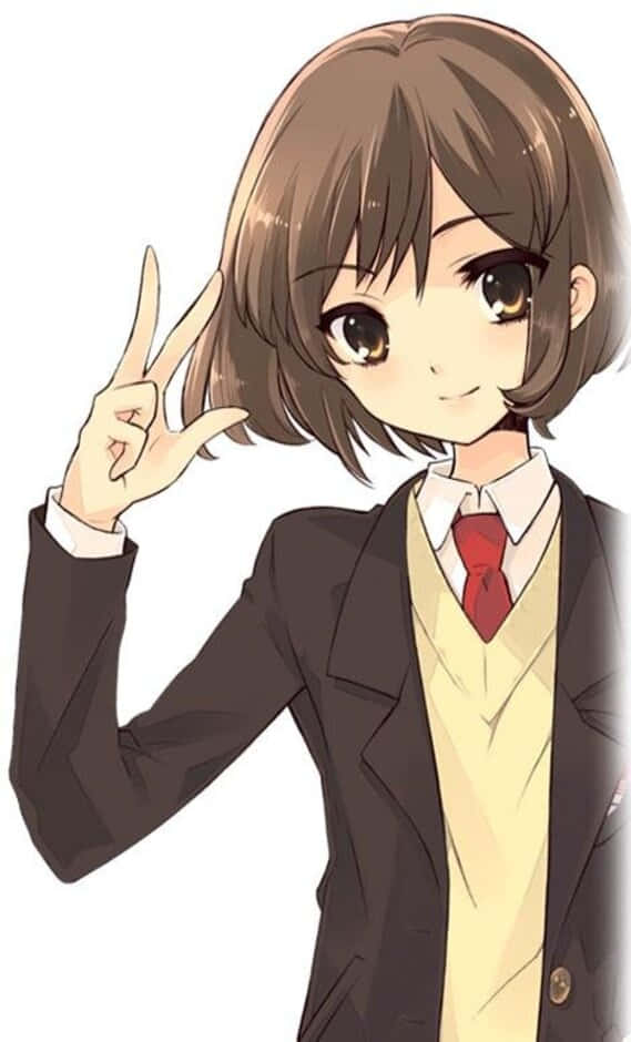 Haruhi Sasaki 桌布 壁紙 — 一位開朗的動漫女孩，留著棕色鮑伯頭，穿著校服微笑比出和平手勢。