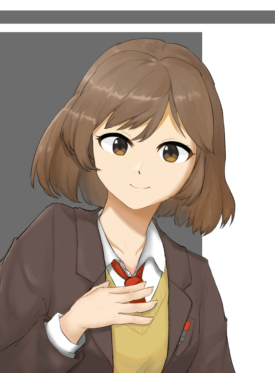 Haruhi Sasaki 桌布 壁紙 — 一位開朗的動漫女孩，留著棕色鮑伯頭，眼神溫暖，微笑著調整校服外套下的紅色領帶。