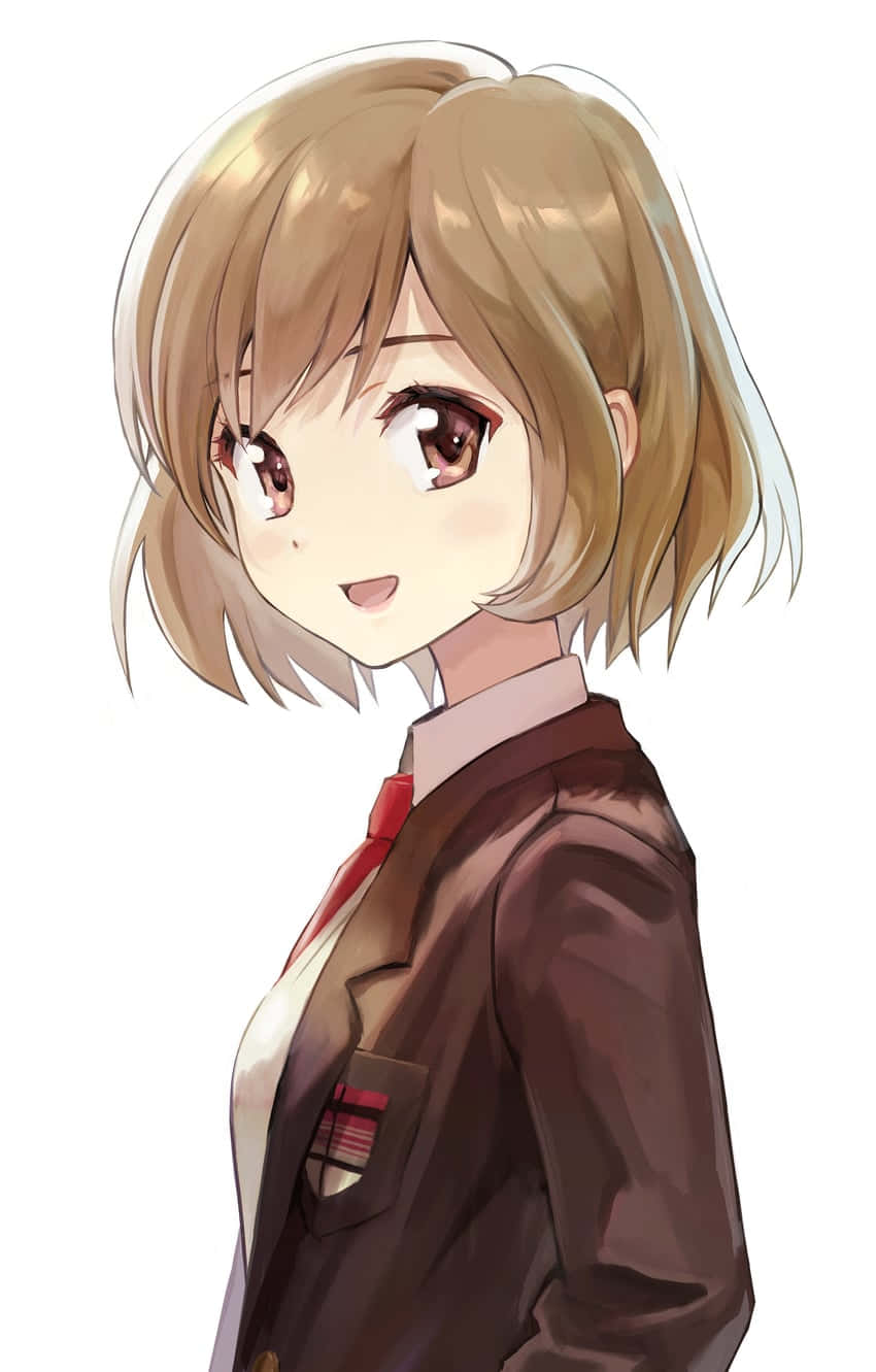 Haruhi Sasaki 桌布 壁紙 — 一位開朗的動漫女孩，留著短金髮和棕色眼睛，穿著校服外套和紅色領帶微笑。