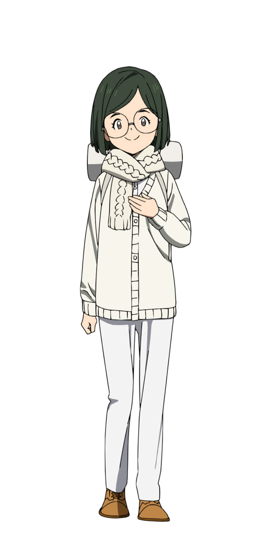 The Promised Neverland Gilda 桌布 壁紙 — 一位開朗的動漫女孩，短黑髮戴眼鏡，穿著舒適的白色服裝，搭配針織圍巾和棕色鞋子。