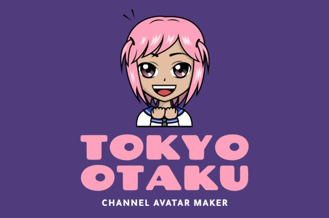 Gamer Logo 桌布 壁紙 — 一位開朗的動漫女孩，粉紅色頭髮，穿著水手服，在純紫色背景上微笑，並帶有粗體粉紅色文字。