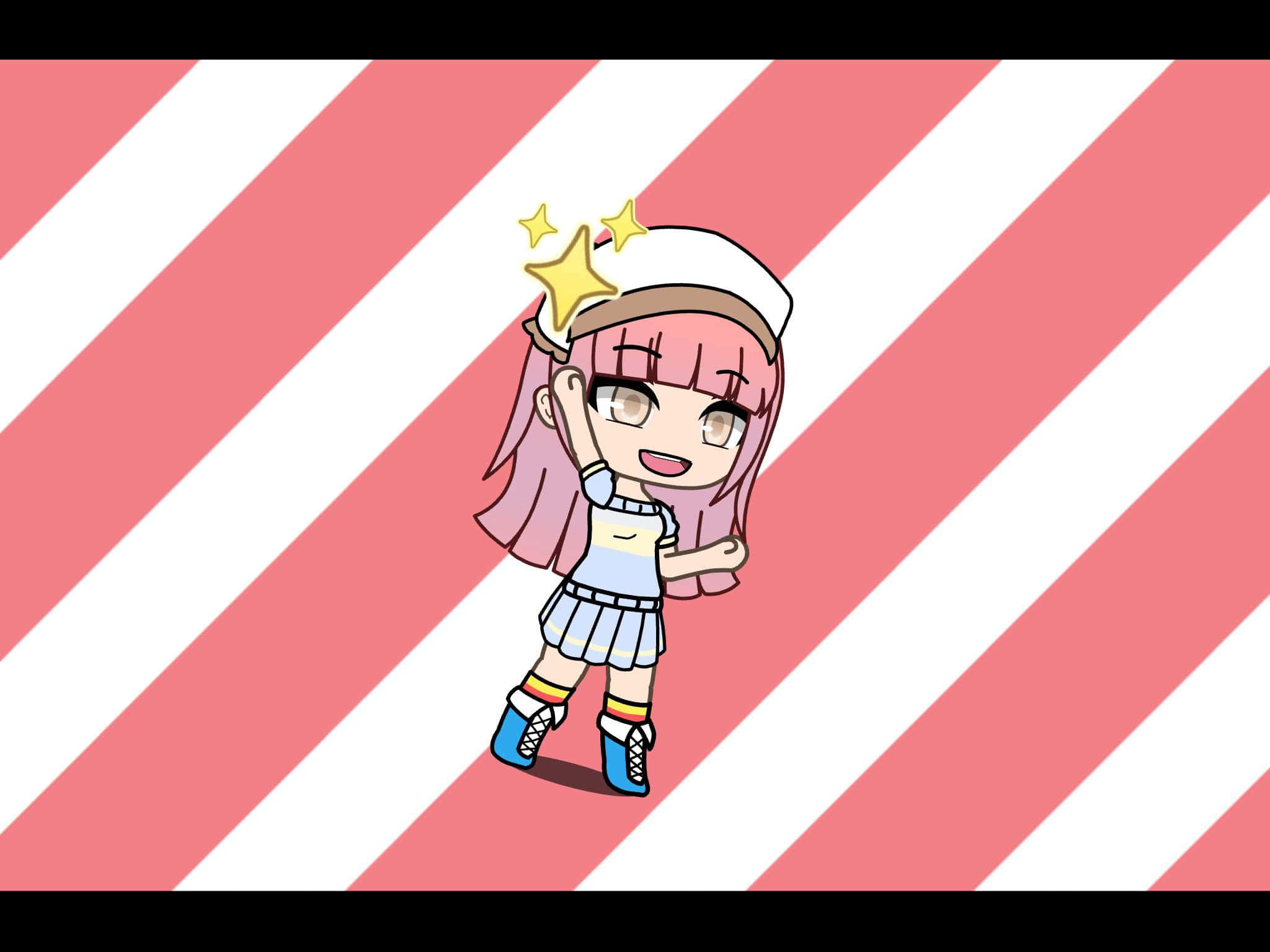 It's Funneh！ 壁紙 — 一位開朗的動漫女孩，粉紅色頭髮戴水手帽，站在粉紅和白色斜紋背景前。