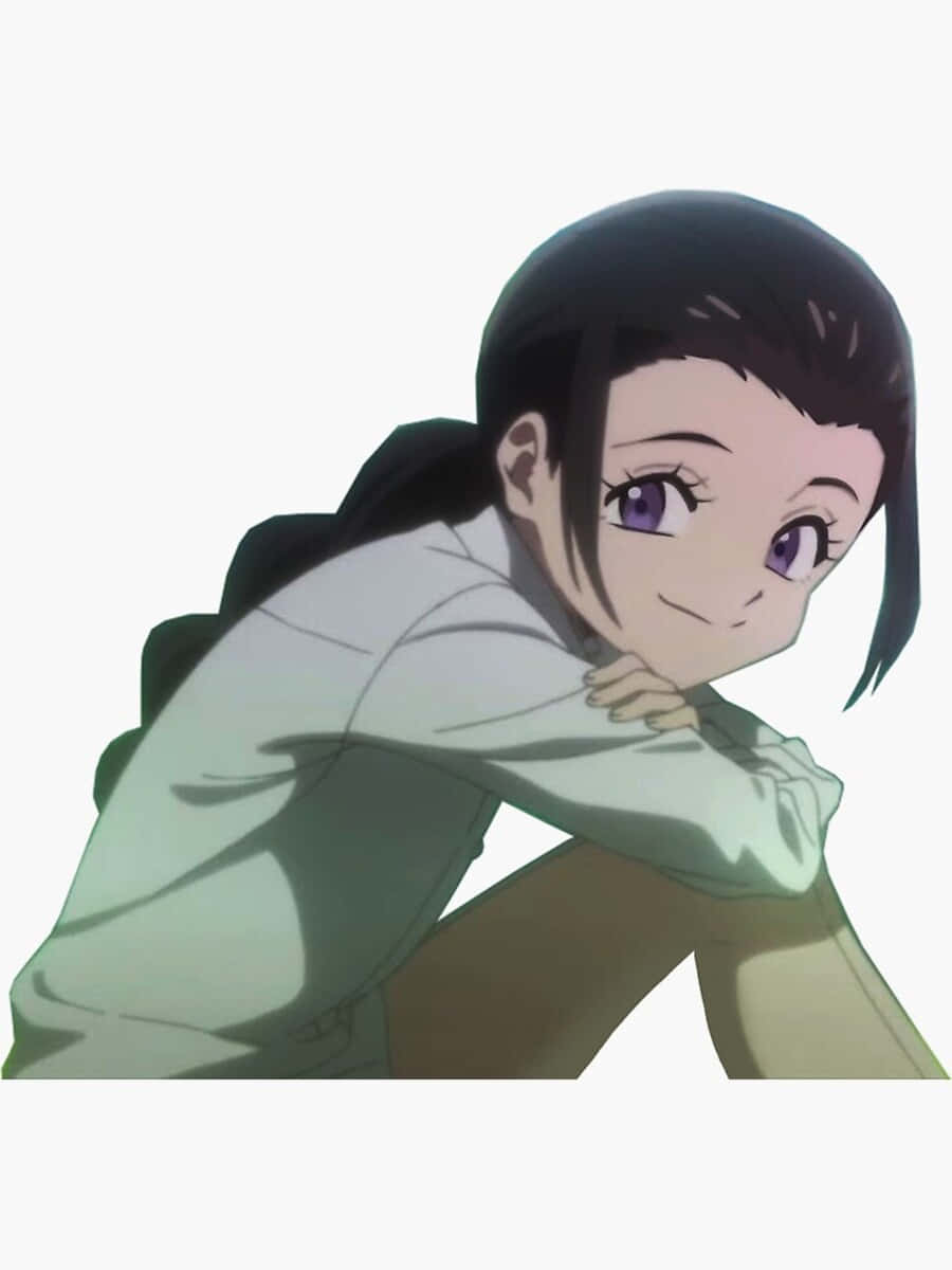 The Promised Neverland Isabella 桌布 壁紙 — 一位開朗的動漫女孩，紫色眼睛和黑色頭髮，在純白背景前微笑著向前傾。