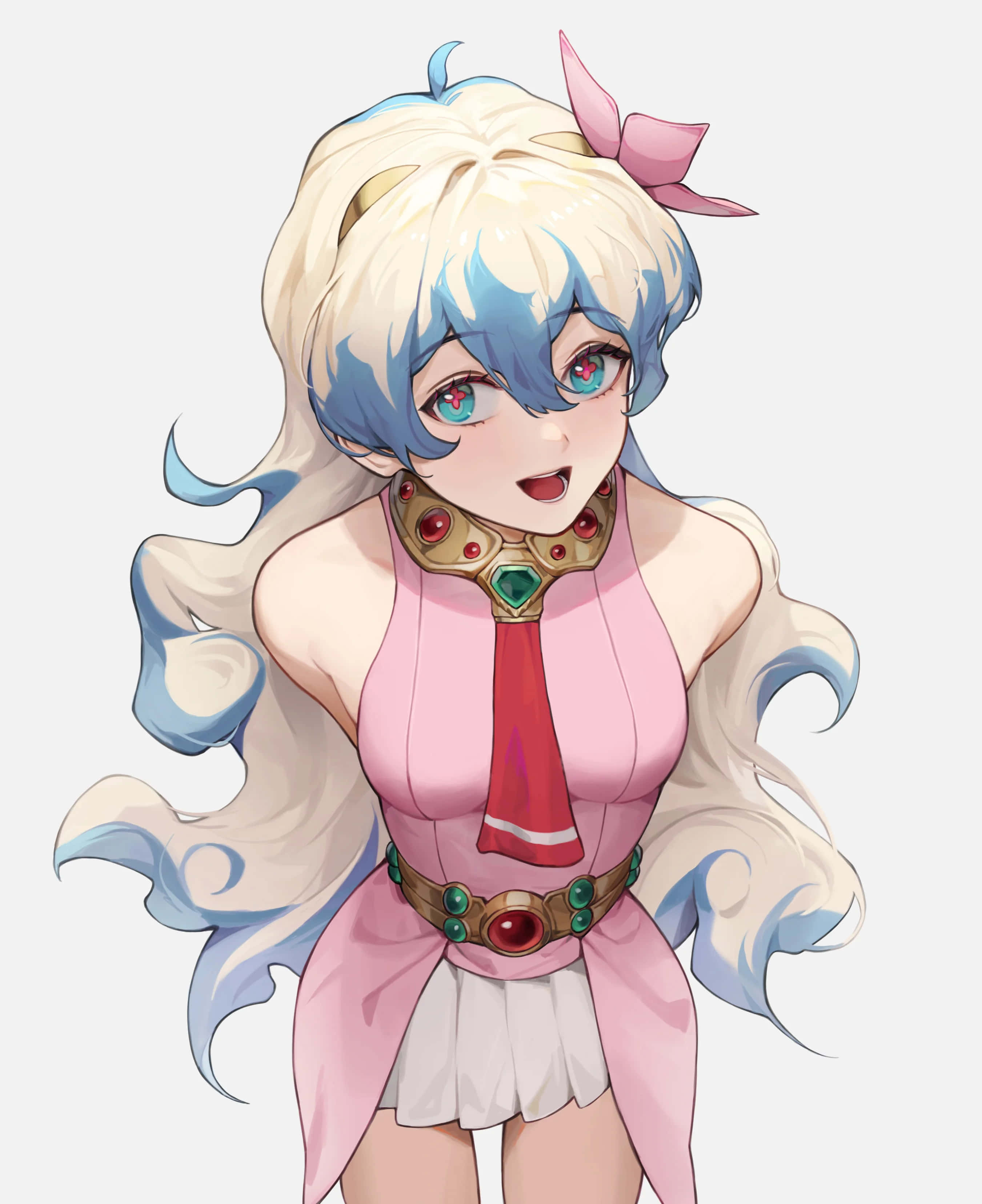 Nia Teppelin 桌布 壁紙 — 一位開朗的動漫女孩，藍白頭髮配粉紅色蝴蝶結，穿著帶有寶石配飾的粉紅色服裝微笑。