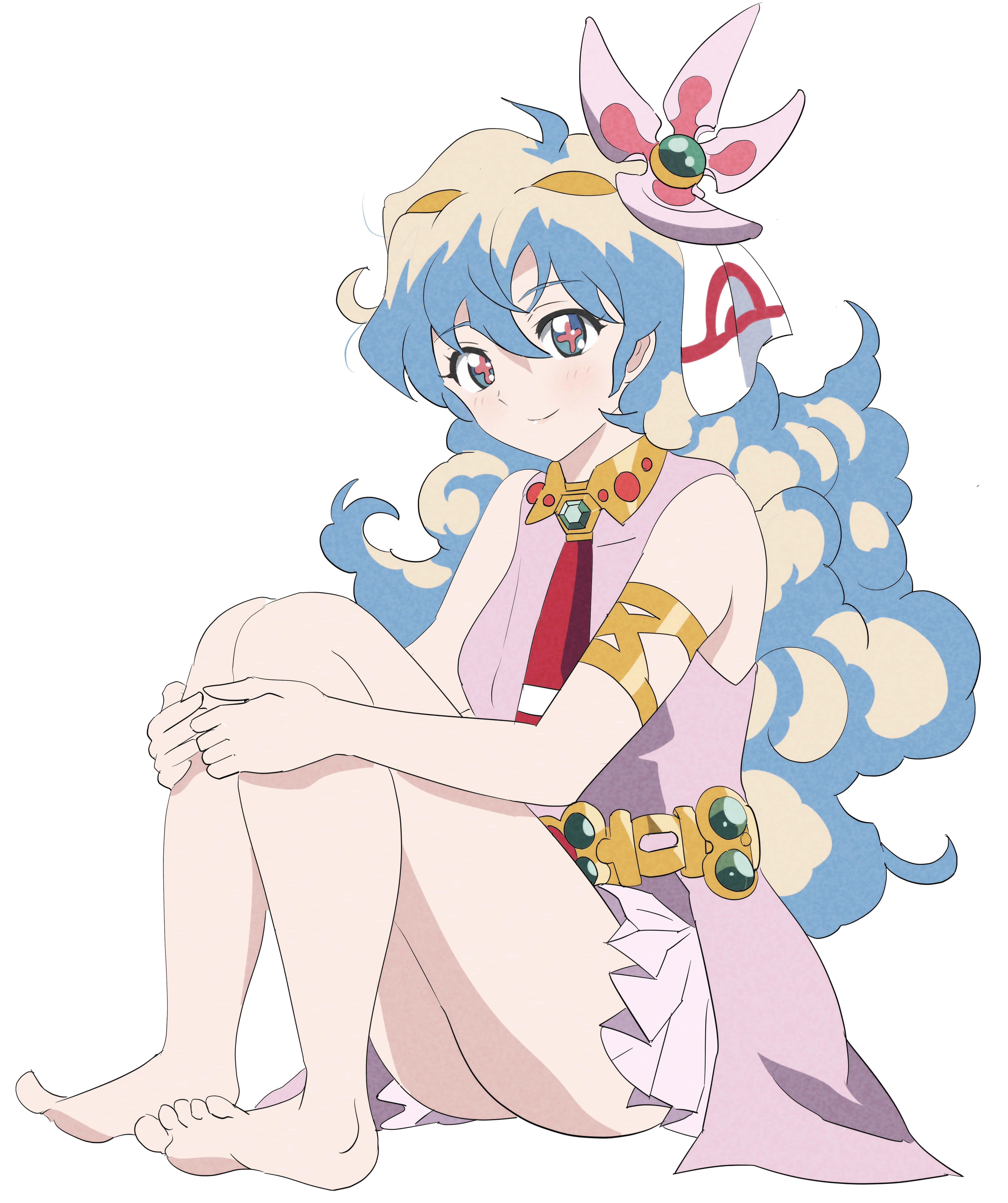 Nia Teppelin 桌布 壁紙 — 一位開朗的動漫女孩，藍色和金色頭髮，穿著粉紅色服裝，飾有金色和寶石配飾，盤腿而坐。