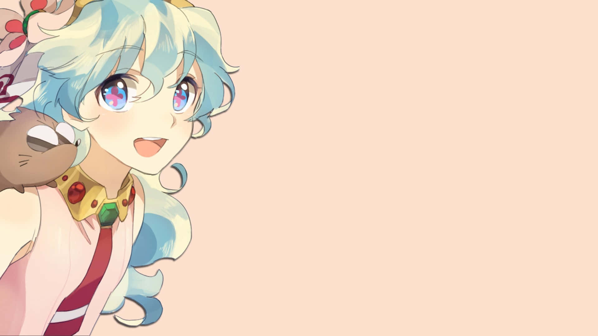 Nia Teppelin 桌布 壁紙 — 一位開朗的動漫女孩，藍色頭髮，帶著一個小動物夥伴，在柔和的蜜桃色背景前溫暖地微笑。