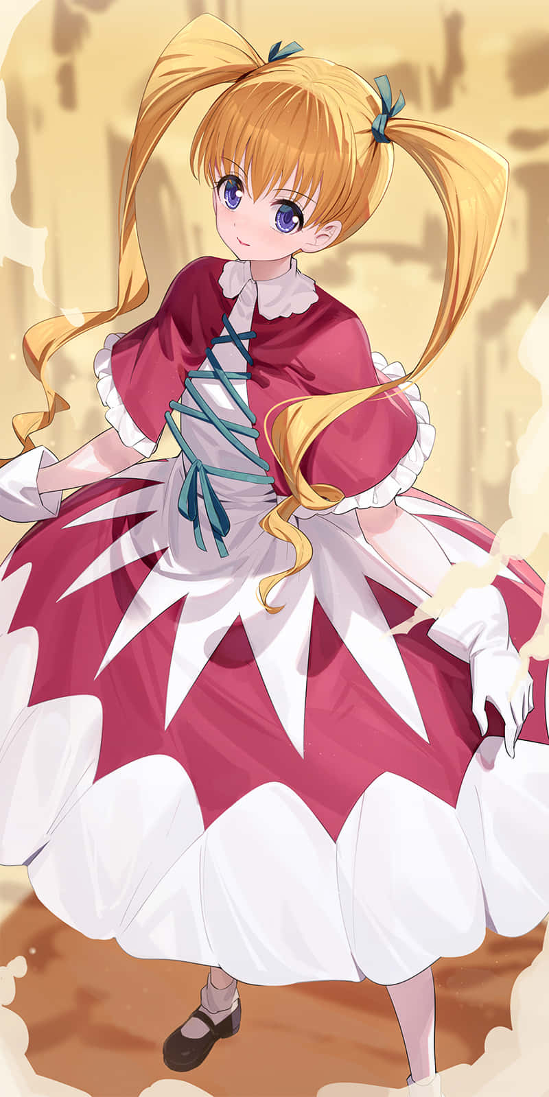 Hunter X Hunter Bisky 桌布 壁紙 — 一位開朗的動漫女孩，金色雙馬尾，藍色眼睛，穿著紅白相間的連衣裙，有繫帶緊身胸衣和喇叭裙。
