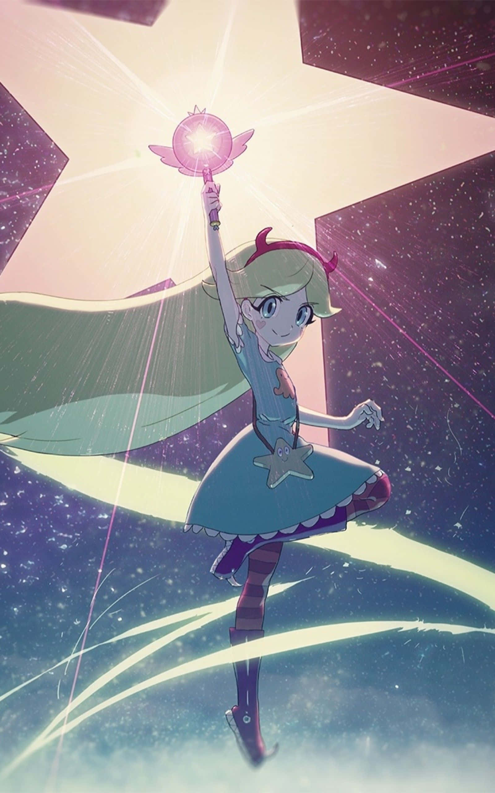 星蝶公主 桌布 壁紙 — 一位開朗的動漫女孩，金髮，穿著星星主題的連衣裙，漂浮在宇宙環境中，手持一個發光的粉紅色鳥形魔杖。