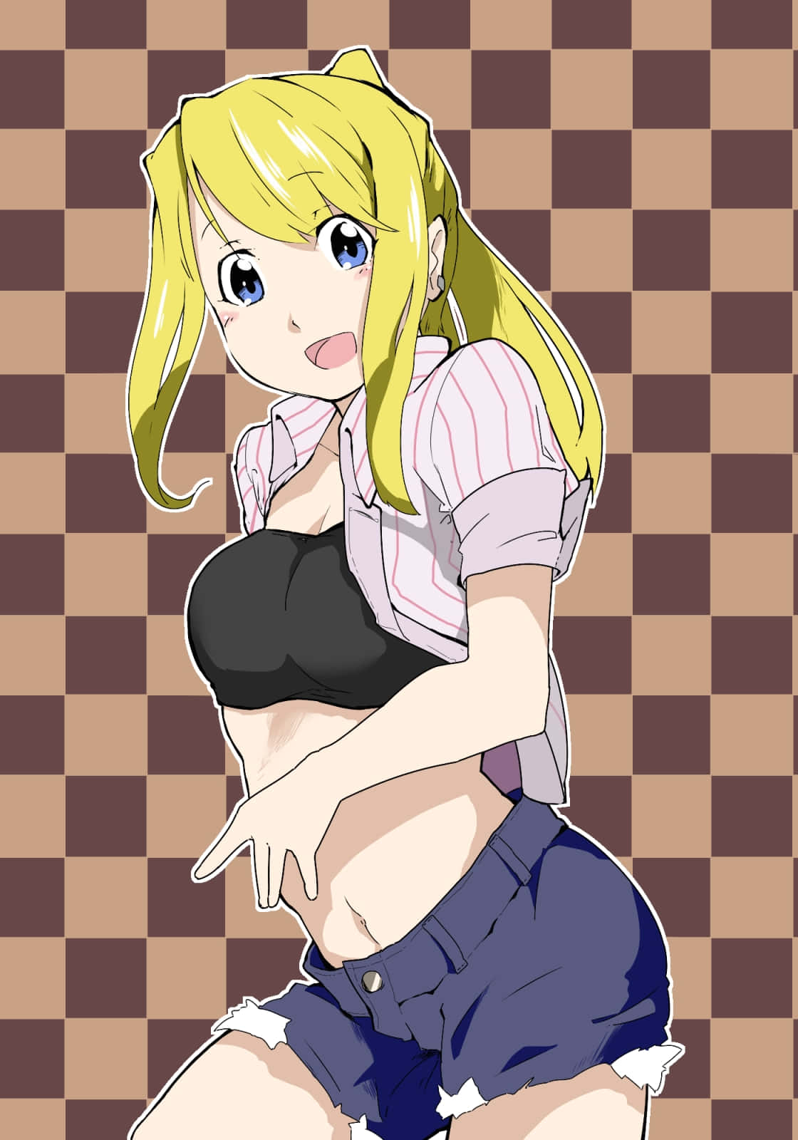 Winry Rockbell 桌布 壁紙 — 一位開朗的動漫女孩，金髮藍眼，在棕色和米色格仔背景前俏皮地擺姿勢。