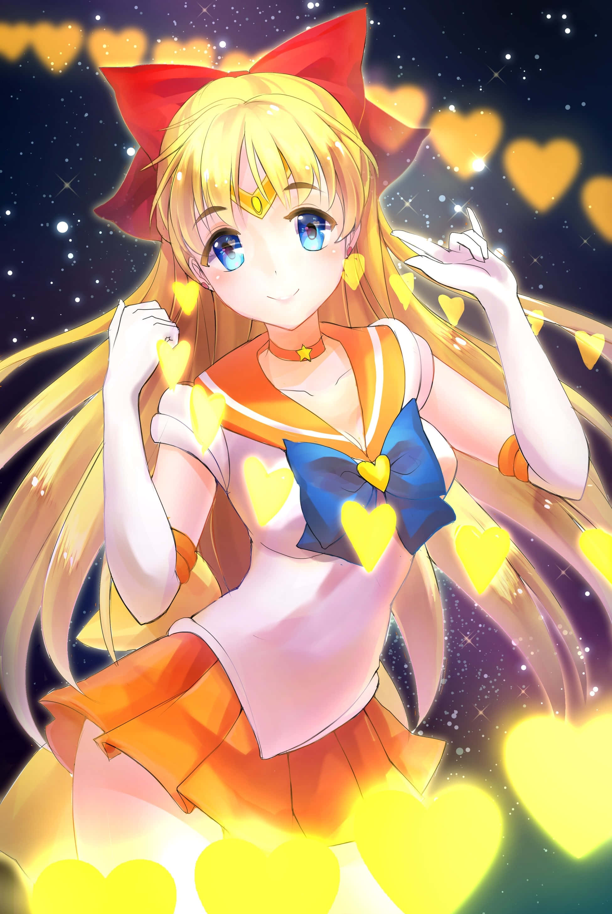 Sailor Venus 桌布 壁紙 — 一位開朗的動漫女孩，金髮藍眼，穿著水手服，在繁星點點的夜空下被發光的黃色心形環繞。