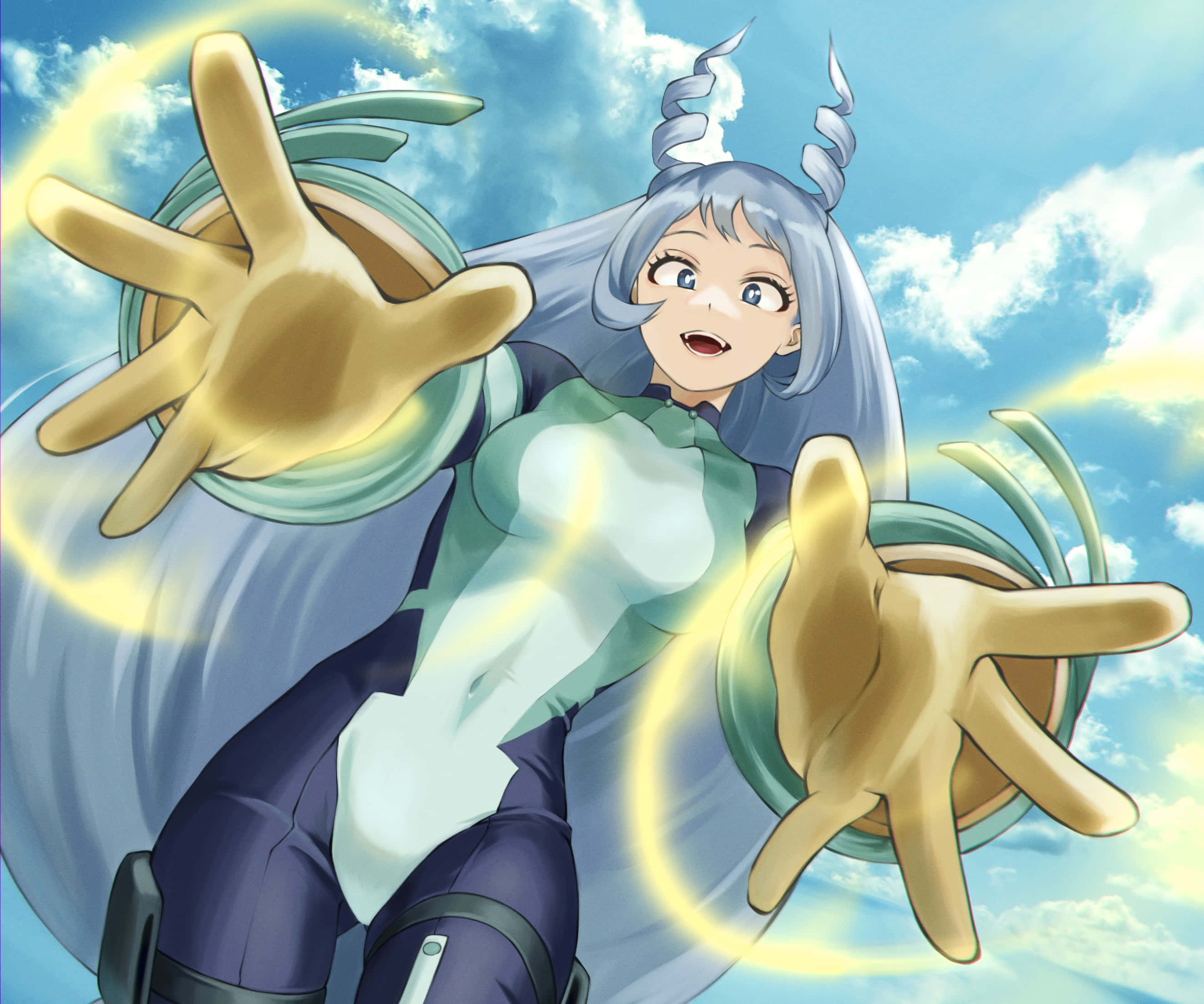 Nejire Hado 桌布 壁紙 — 一位開朗的動漫女孩，銀色頭髮和角，在明亮的藍天下從伸出的雙手中投射出發光的金色能量。