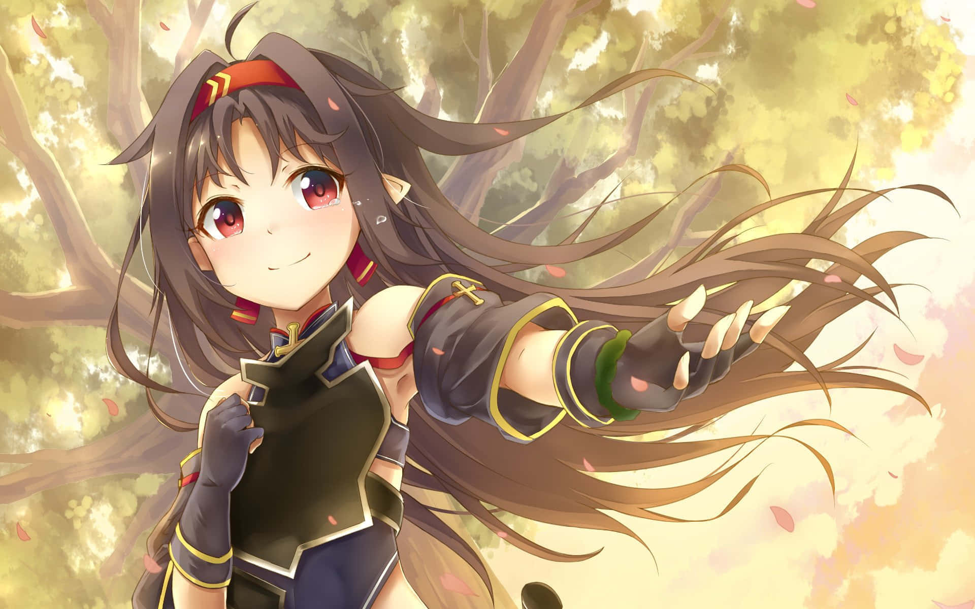 Yuuki Konno 桌布 壁紙 — 一位開朗的動漫女孩，長著棕色長髮和紅色眼睛，在金色天空下伸手穿過飄落的秋葉微笑。